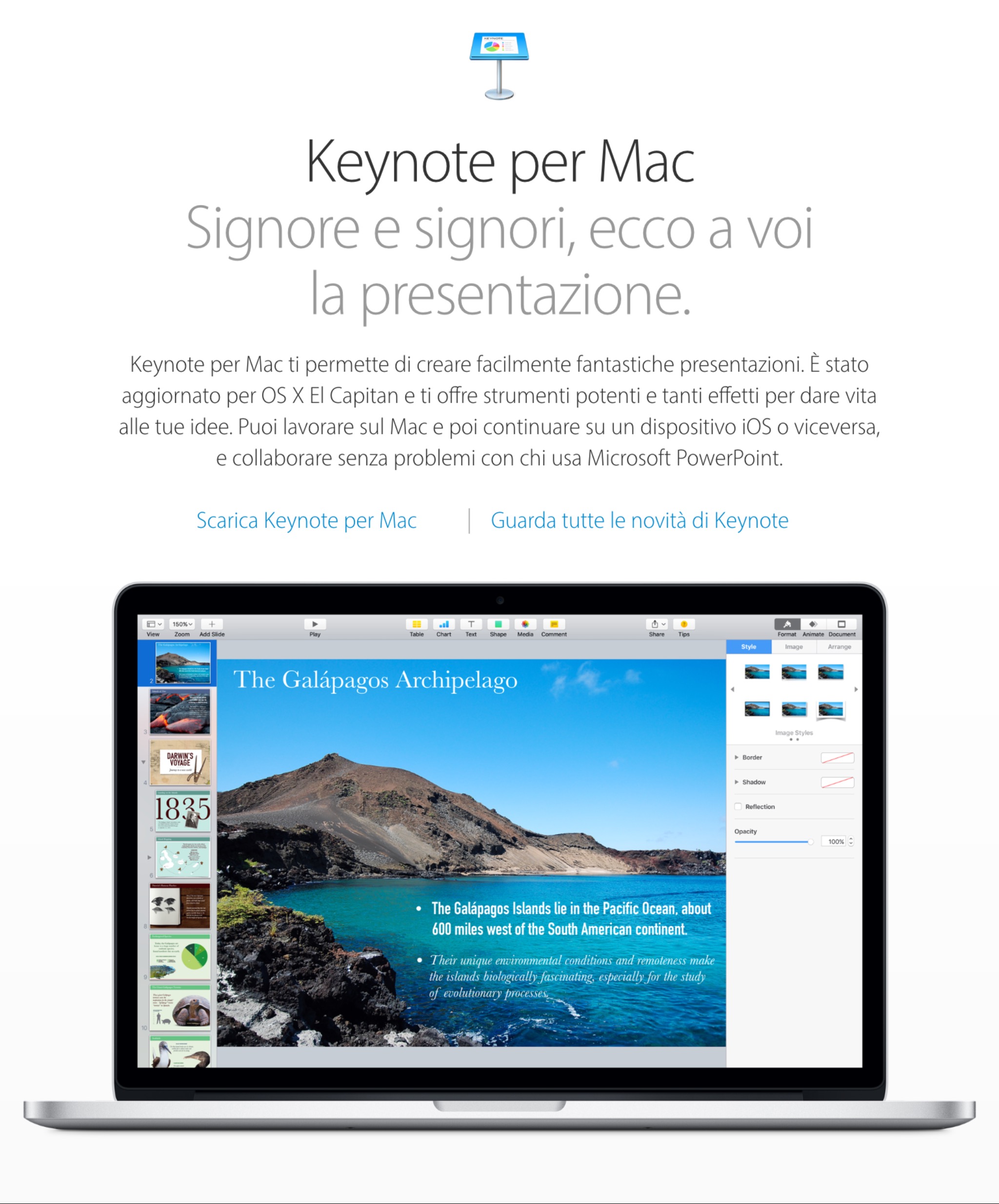 Screenshot della pagina introduttiva di Apple per Keynote