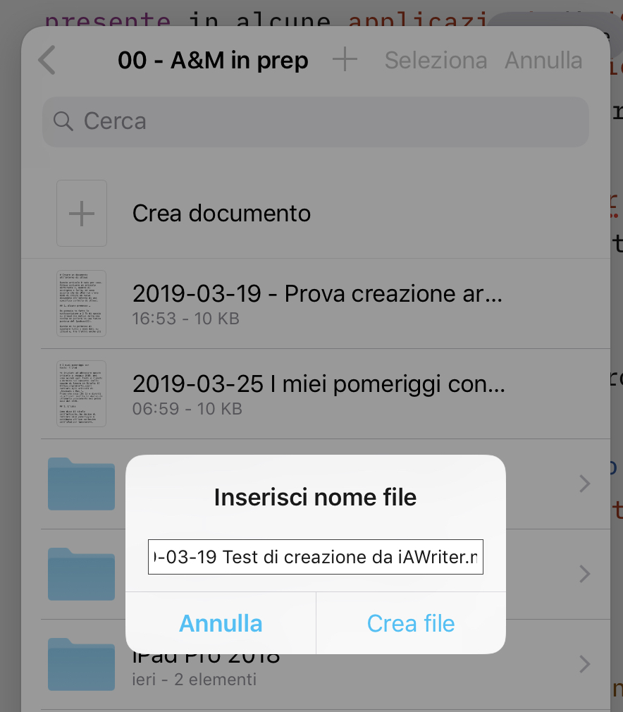 Creazione di un nuovo documento in una cartella arbitraria di iCloud con iAWriter