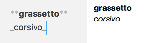 Esempio di grassetto e corsivo in markdown (a sinistra) e loro visualizzazione finale (a destra)