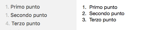 Esempio di elenco numerato in markdown (a sinistra) e sua visualizzazione a destra