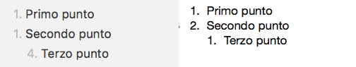Esempio di elenco numerato con sotto-elenco (markdown a sinistra e visualizzazione a destra)