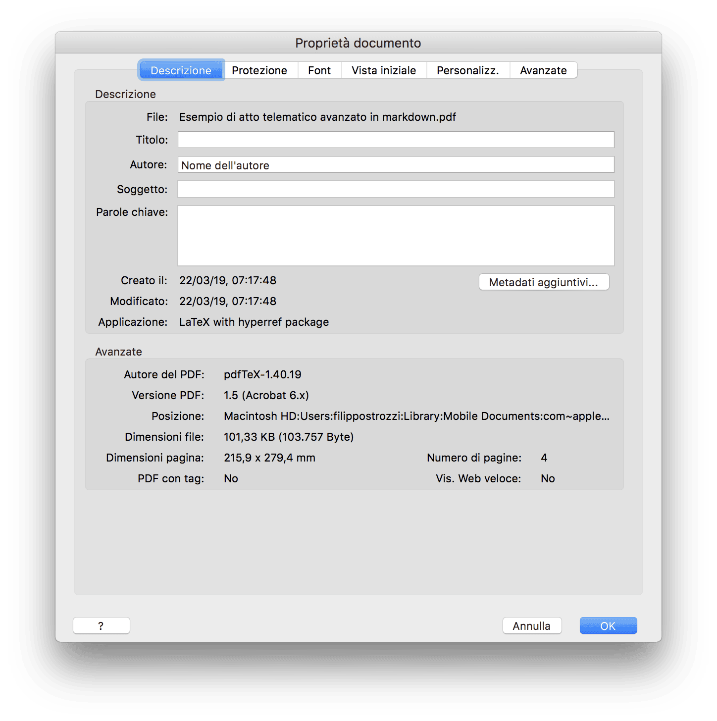 Proprietà del documento in Acrobat Reader dove viene mostrato il nome dell'autore