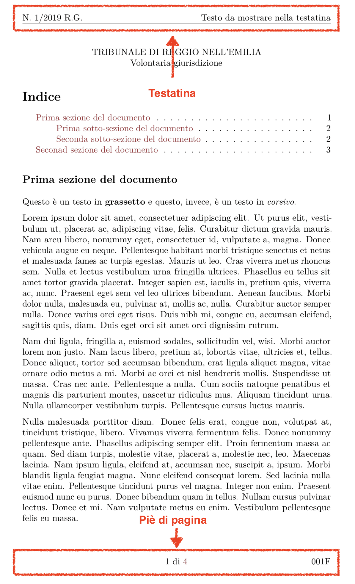 Esempio di testatina e piè di pagina