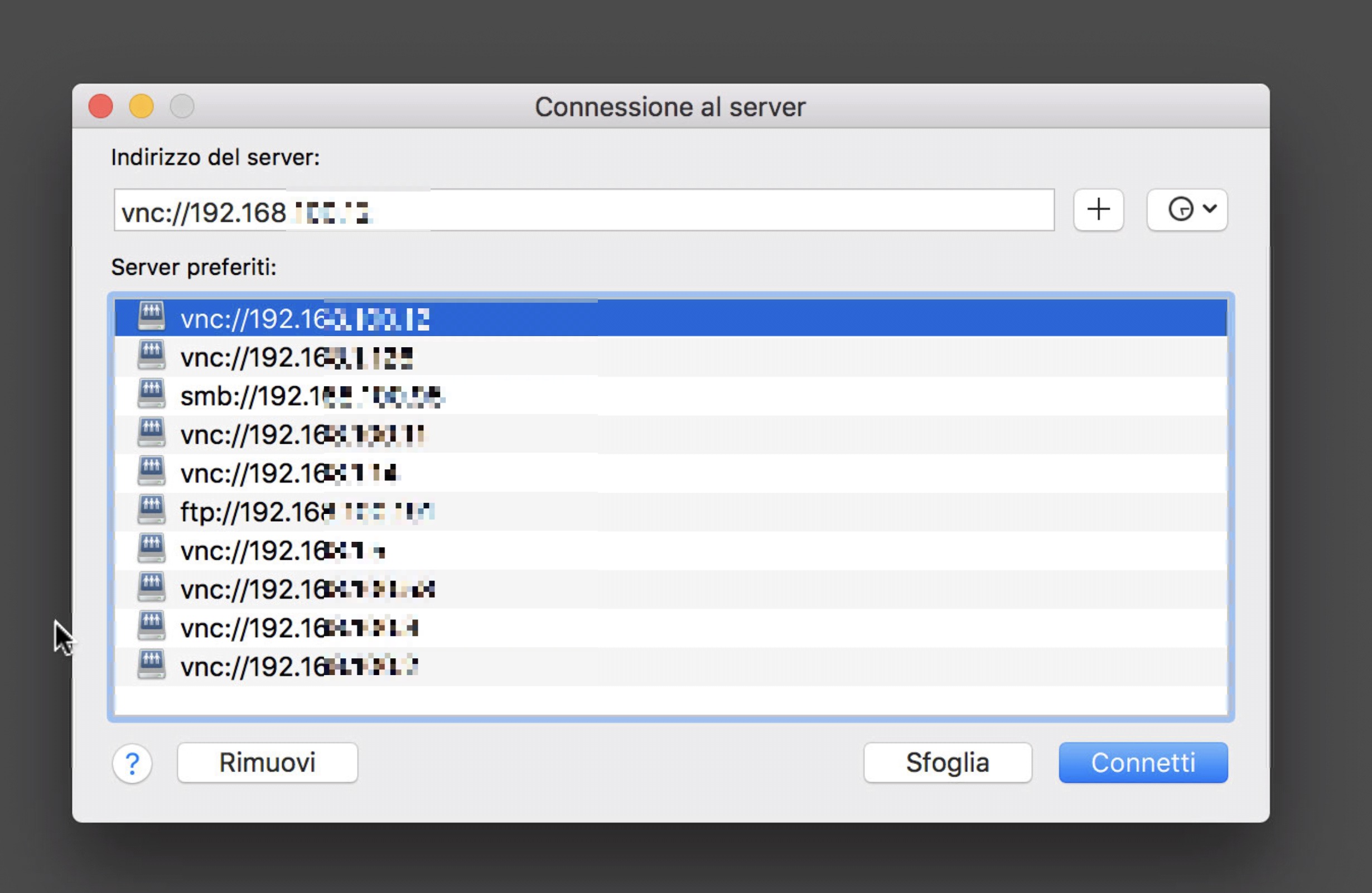 Esempio di collegamenti via VNC a Mac remoti