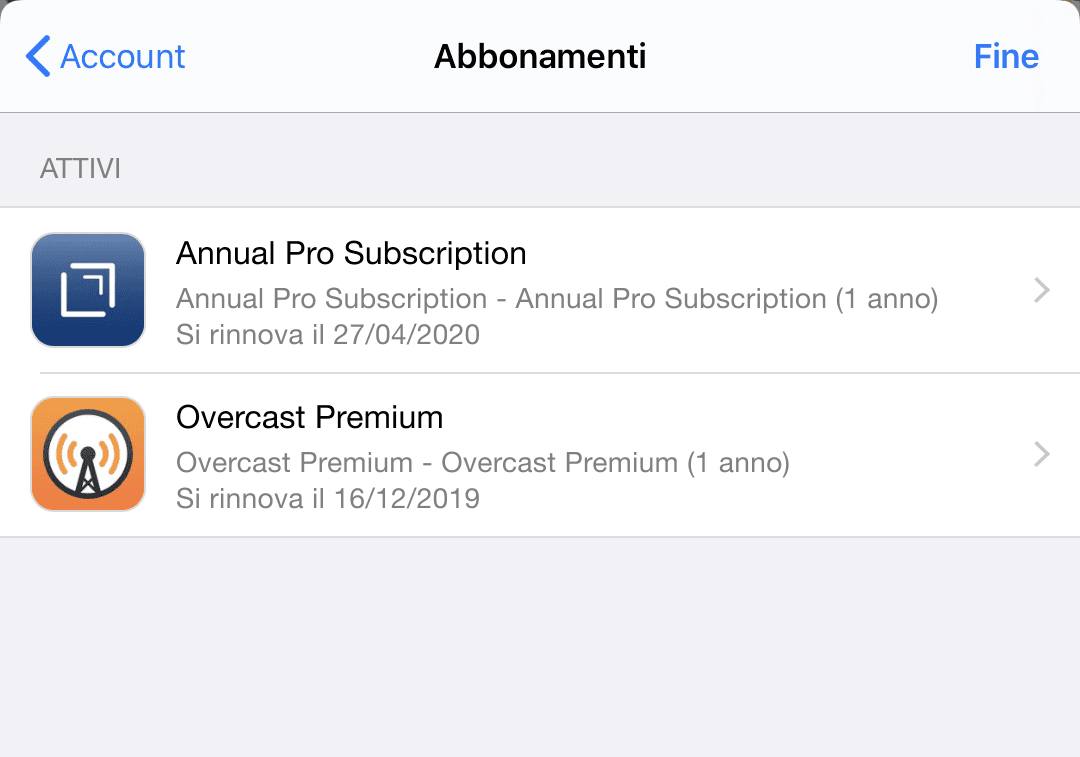 I miei abbonamenti sull’AppStore