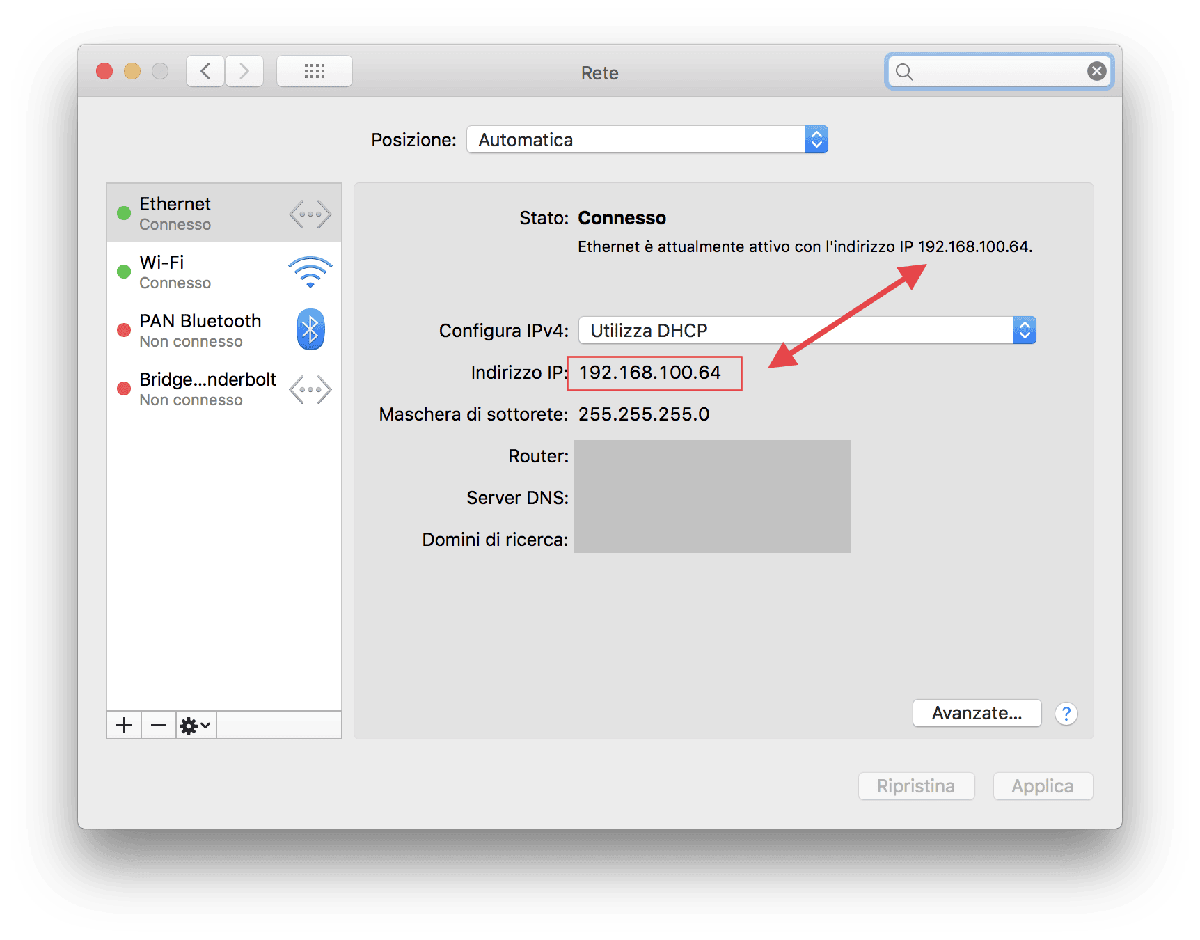 Preferenze di sistema: indirizzo IP del Mac
