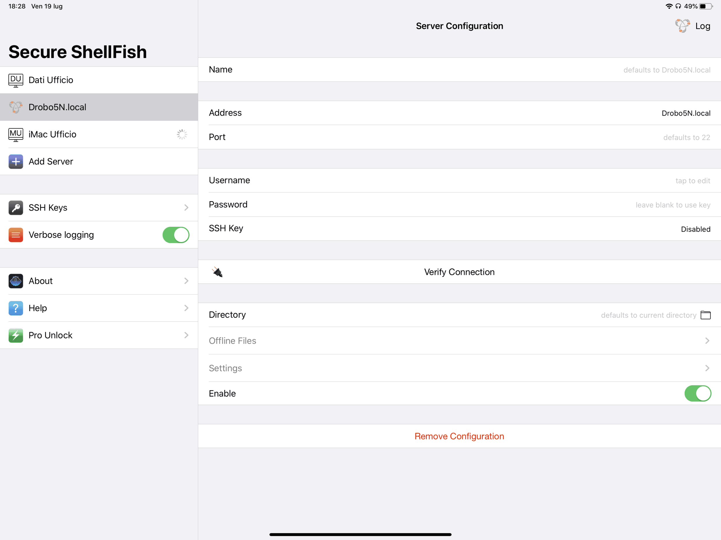 Schermata di accesso a Secure ShellFish