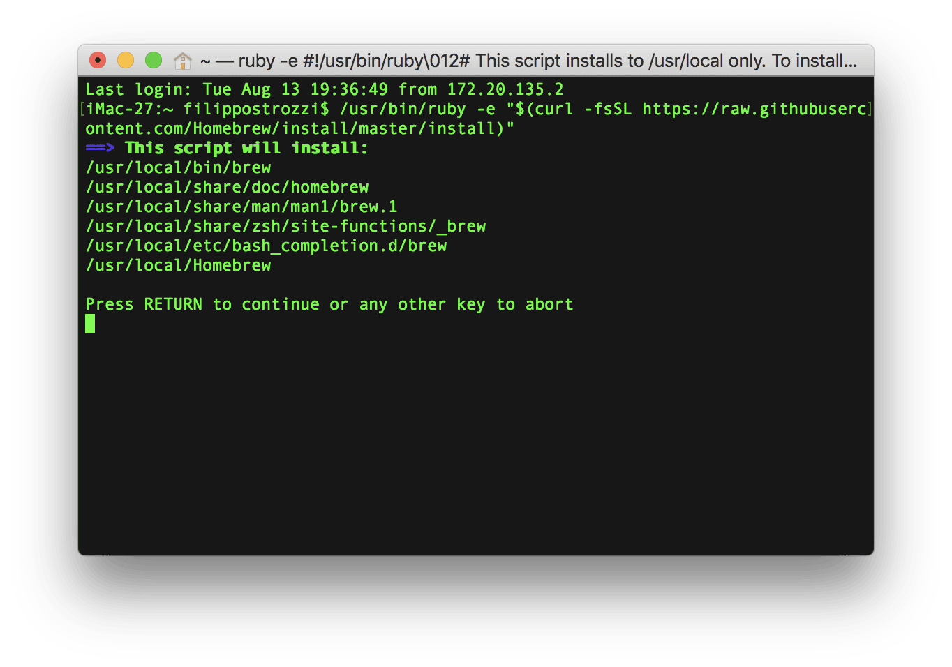 Inizio installazione Homebrew