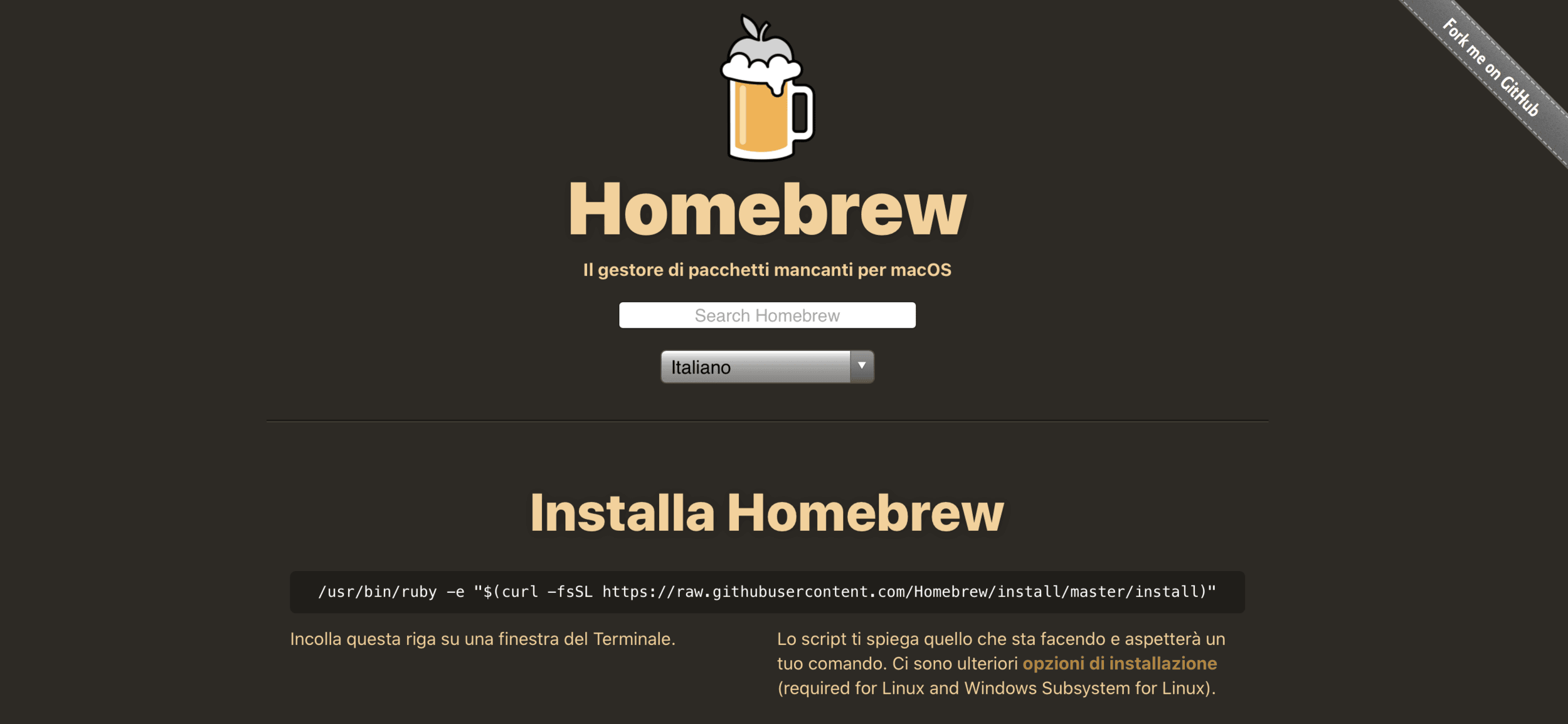 Istruzioni per installare Homebrew