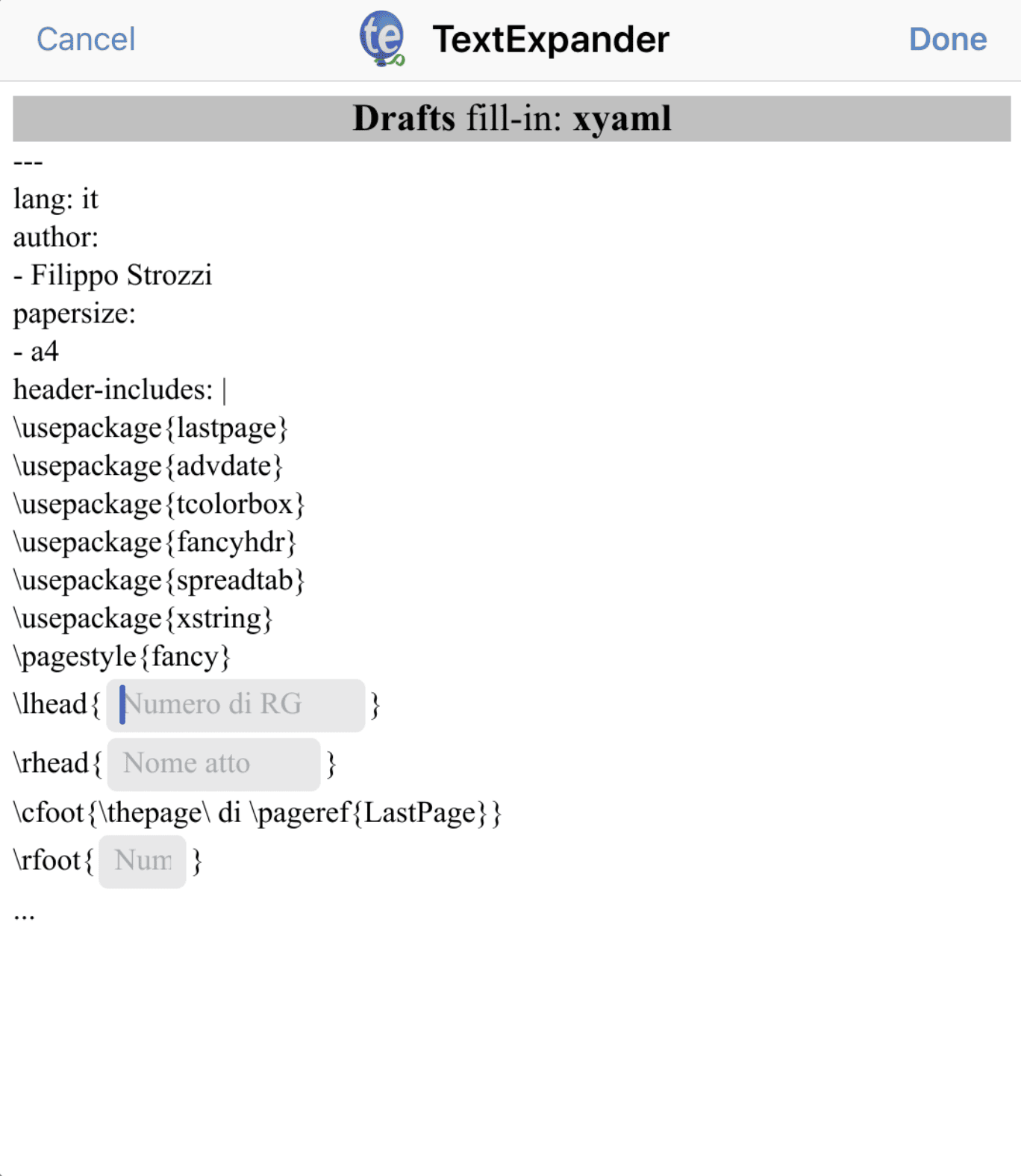 Espanzione dello snippet per la completare manualmente l’intestazione YAML