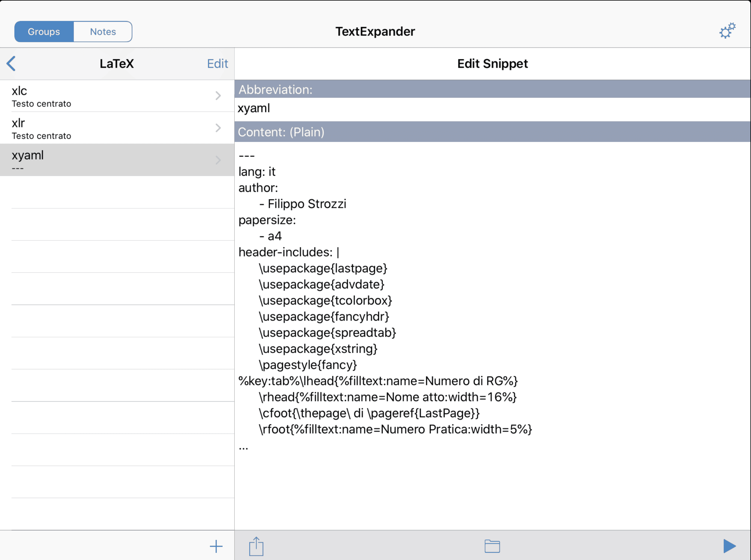 Lo snippet di TextExpander per creare l’intestazione YAML