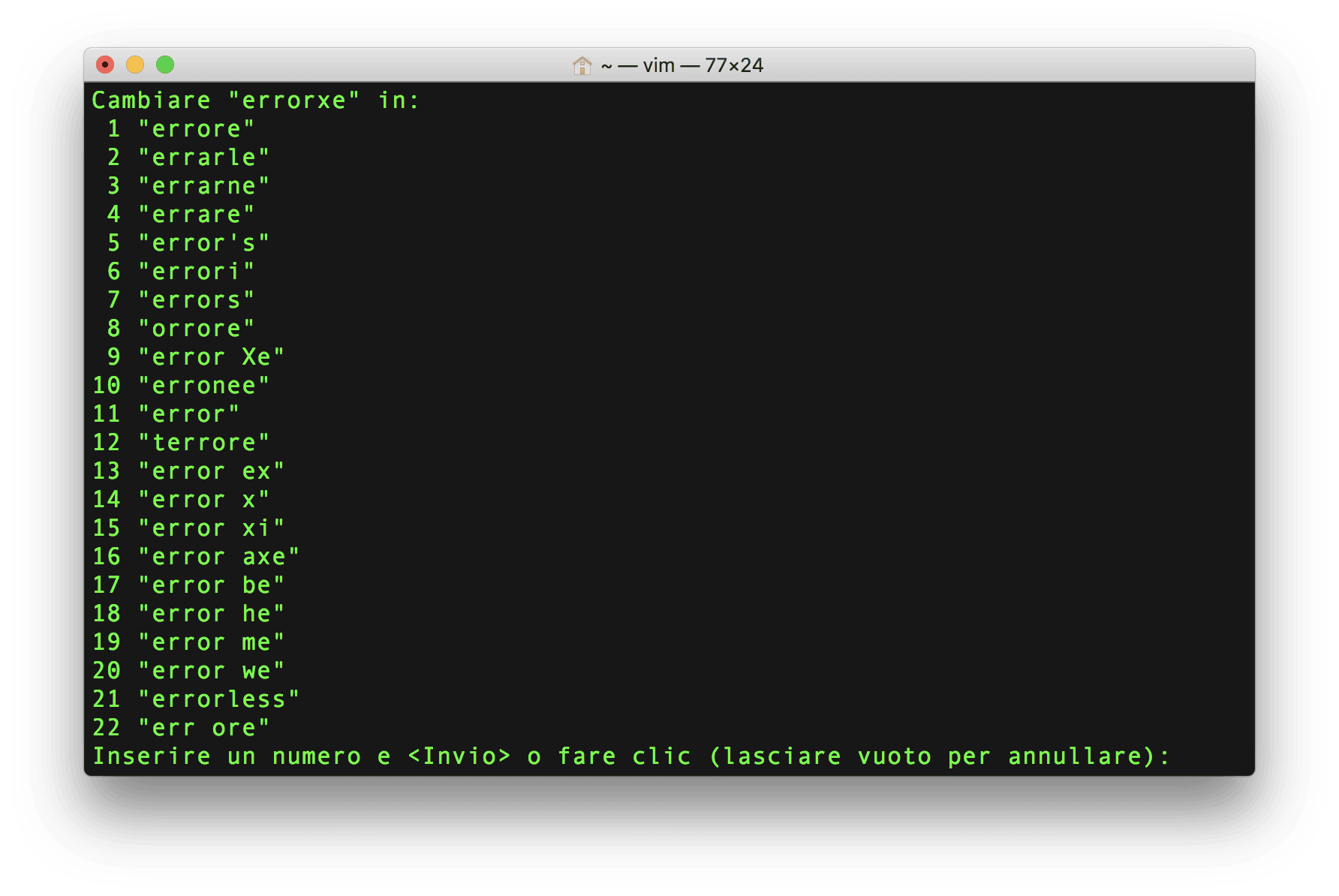 Esempio del menù di correzione di Vim