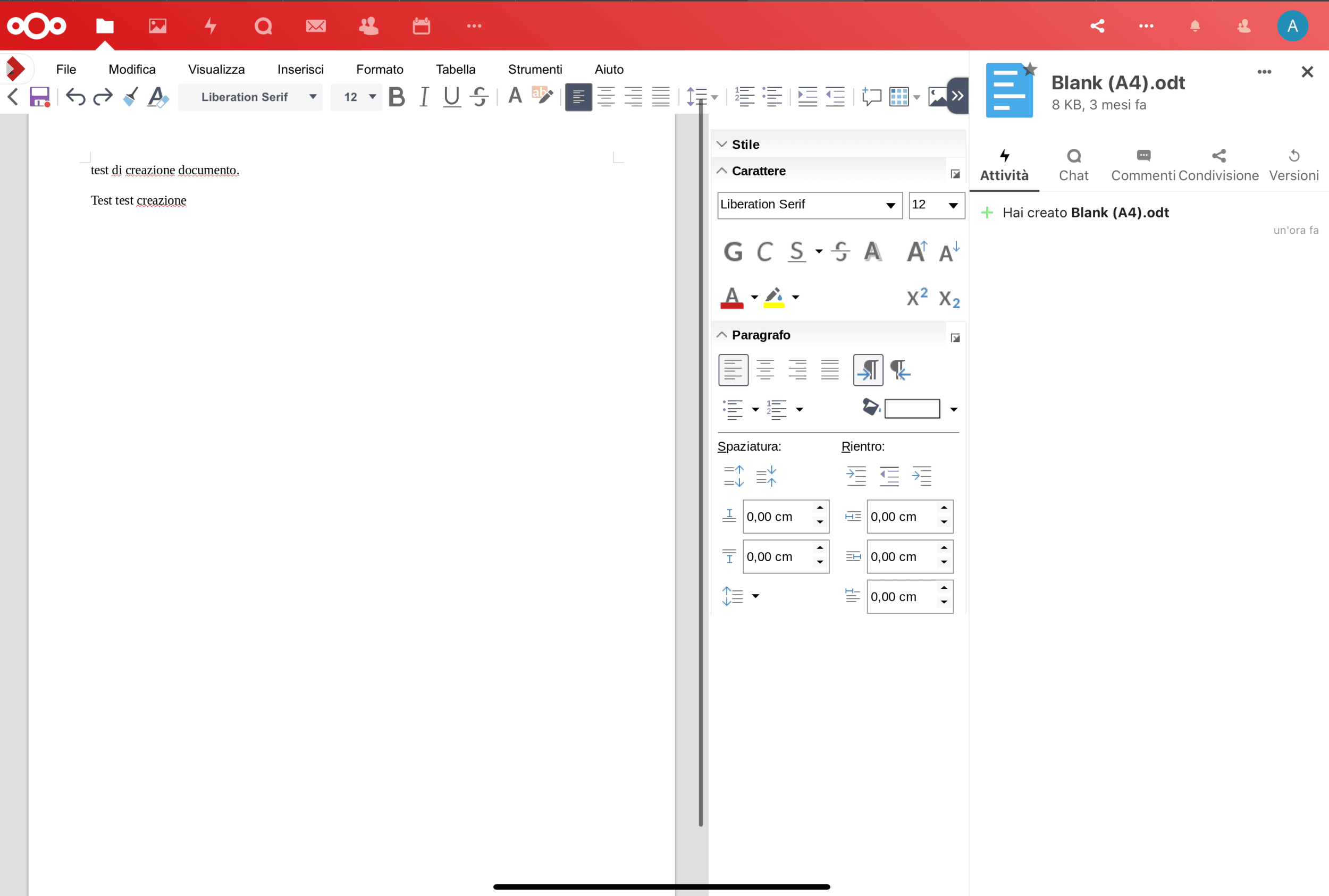 Esempio di documento modificato in Nextcloud con Collabora Online