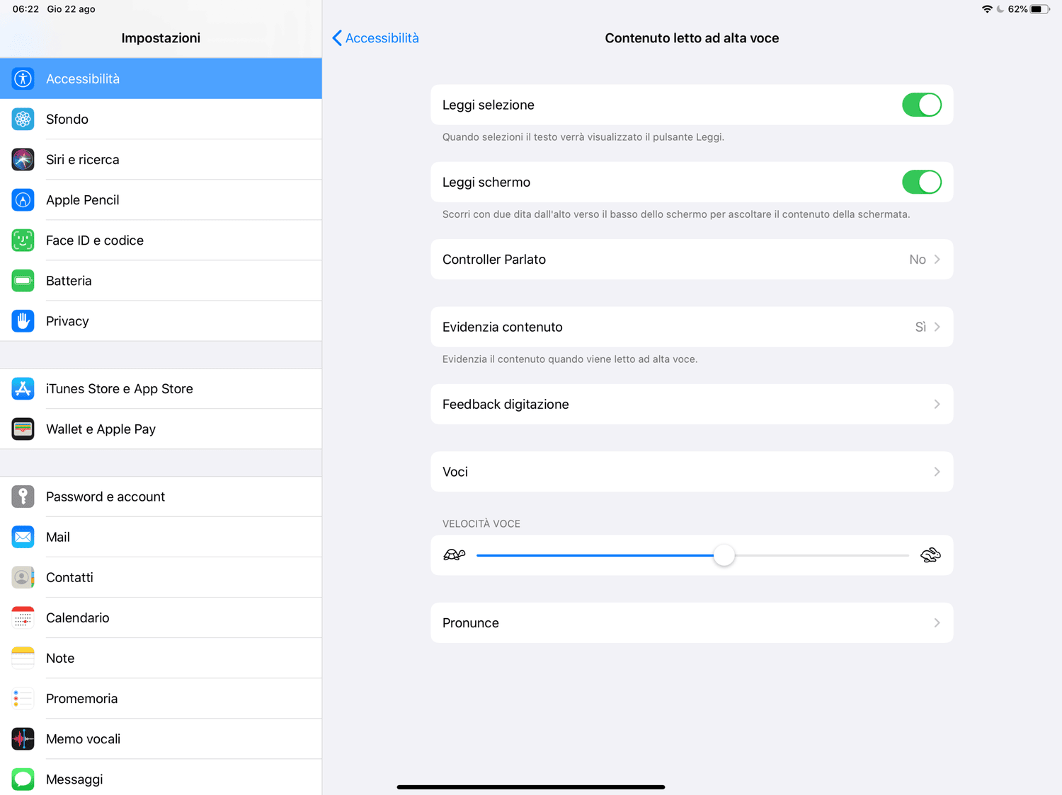 Immagine delle Impostazioni di iPadOS - menù Accessibilità _ Contenuto letto ad alta voce