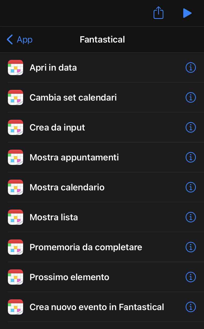 Esempio di azioni “donate” da Fantastical all’interno di Comandi Rapidi