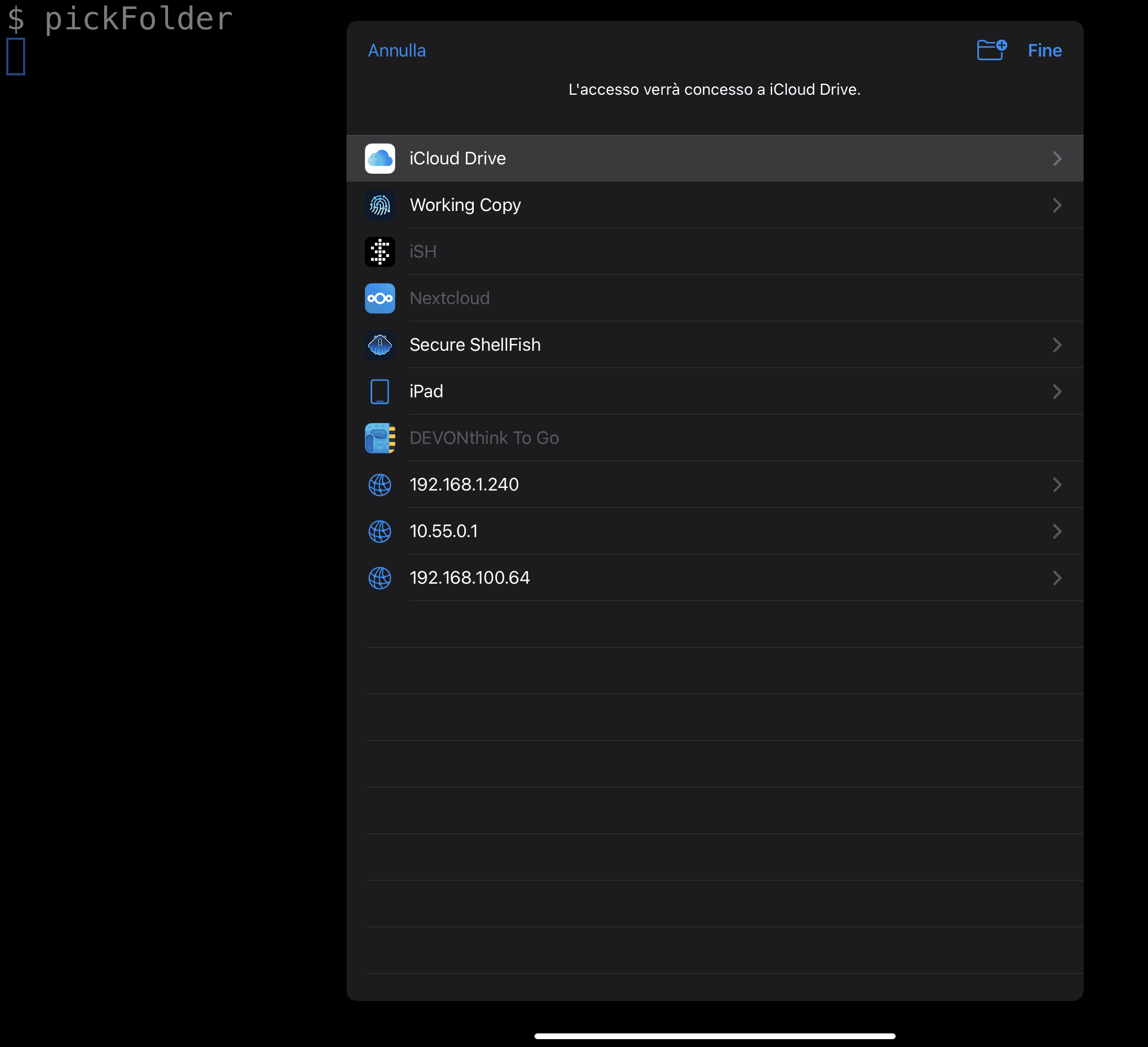 pickFolder: interfaccia grafica di iPadOS per scegliere una cartella da condividere