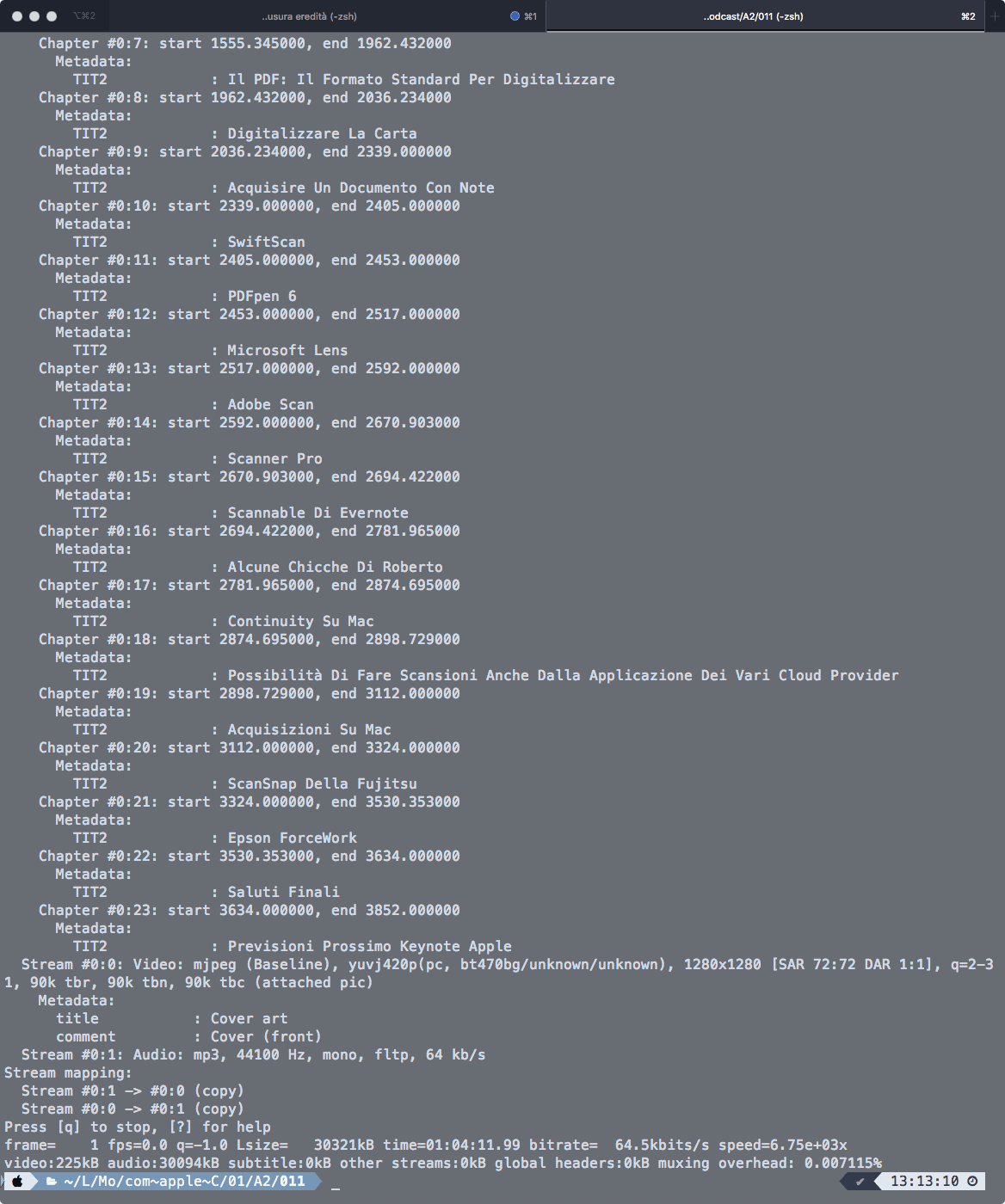 Output della conversione di ffmpeg dove si vedono i capitoli correttamente