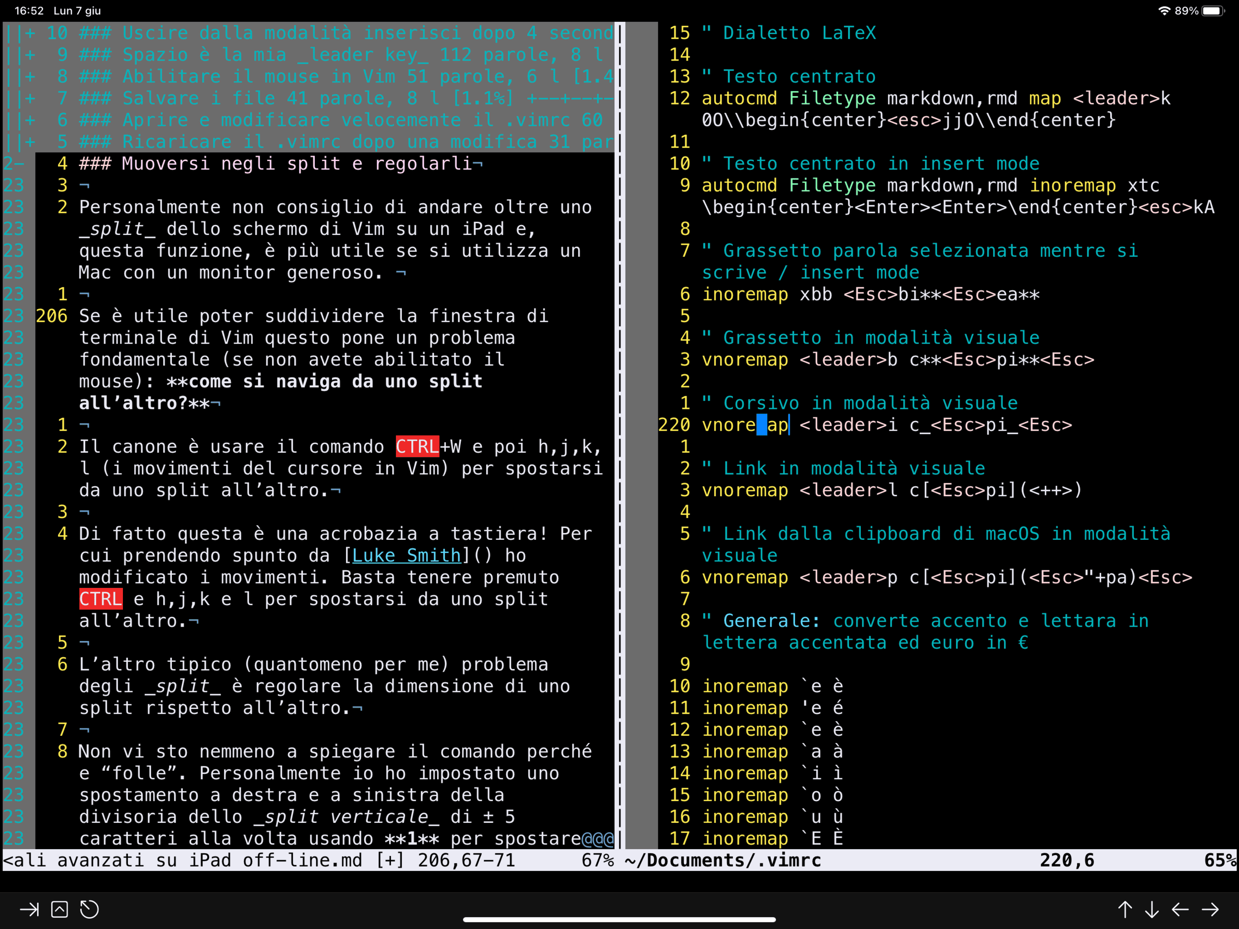 Esempio di split verticale in Vim: a sinistra l’articolo che state leggendo ed a destra il .vimrc