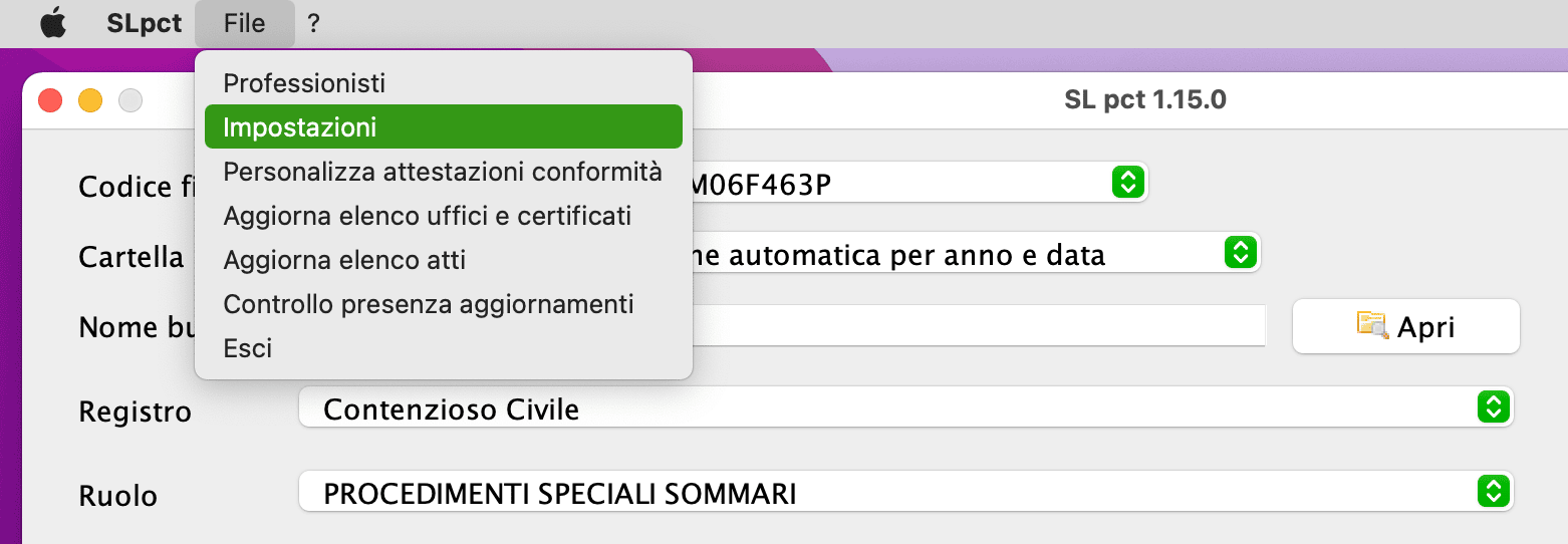 Impostazioni di SLpct