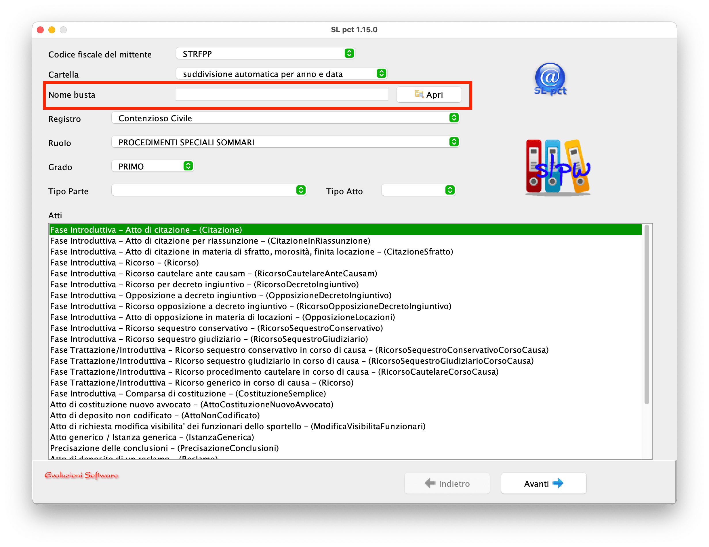 Immagine della parte iniziale dell’interfaccia di SLpct con evidenziate le modalità del salvataggio del deposito