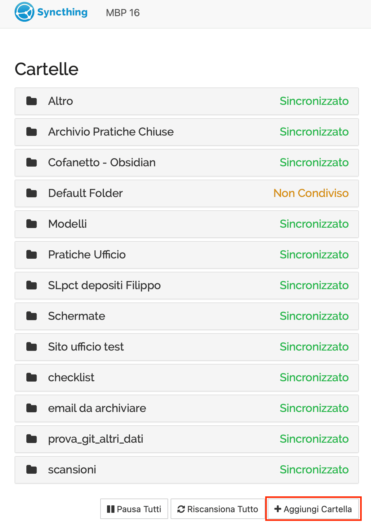 Immagine dell’interfaccia web di Syncthing: opzione aggiungi cartella