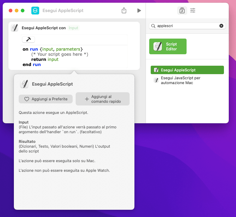 Indicazione nell’azione di base di Comandi Rapidi per AppleScript su macOS