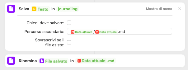 Azioni per il salvataggio e rinomina del documento markdown