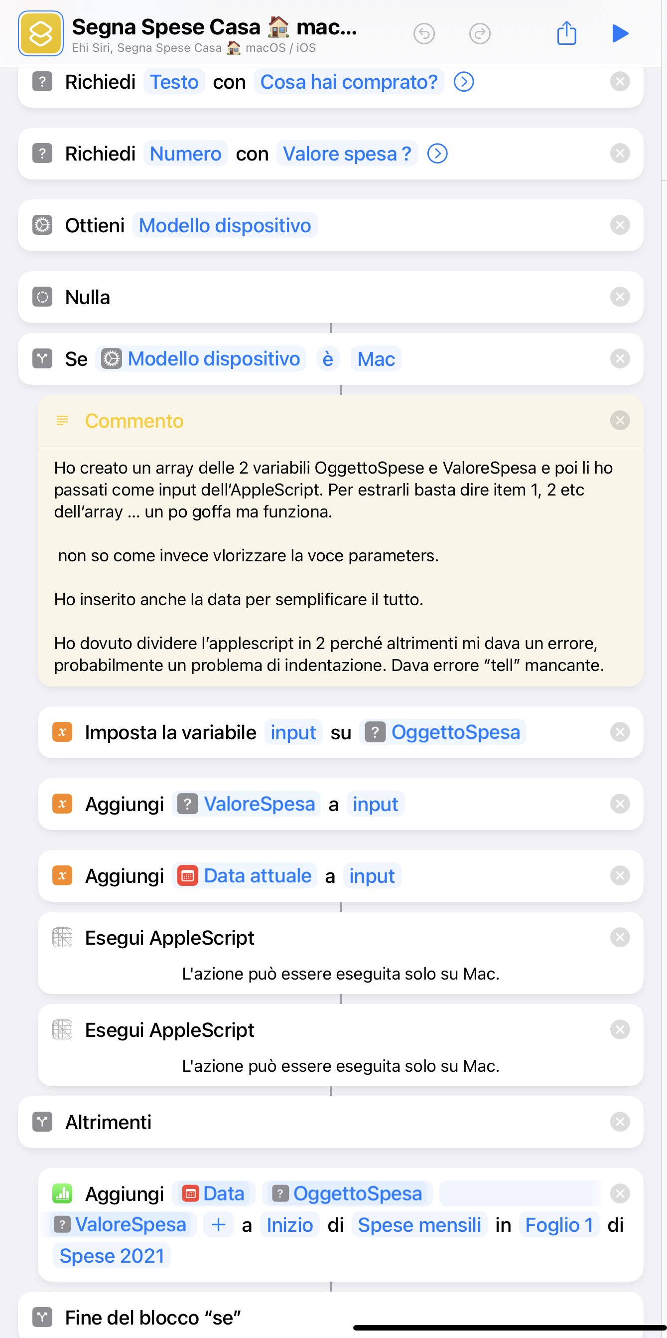 Il comando rapido “completo” visto da iOS
