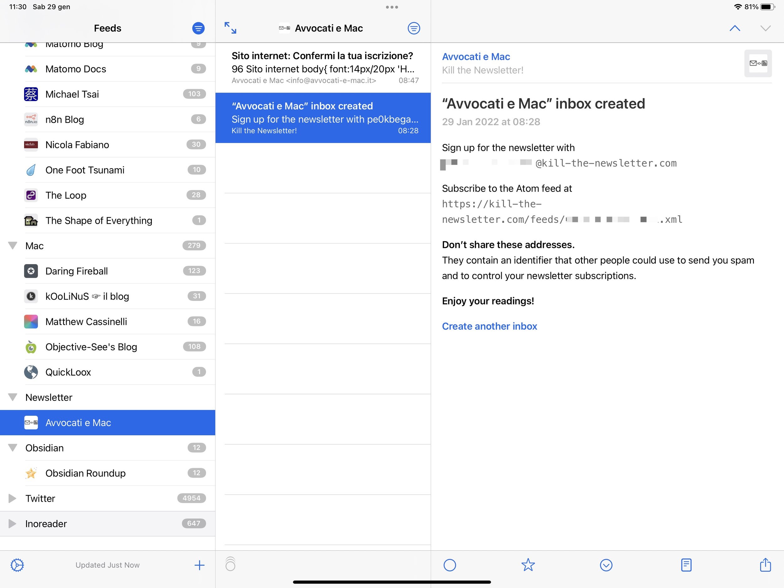 Esempio di iscrizione ad Avvocati e Mac con il servizio, ho oscurato l’email e relativo link al feed RSS