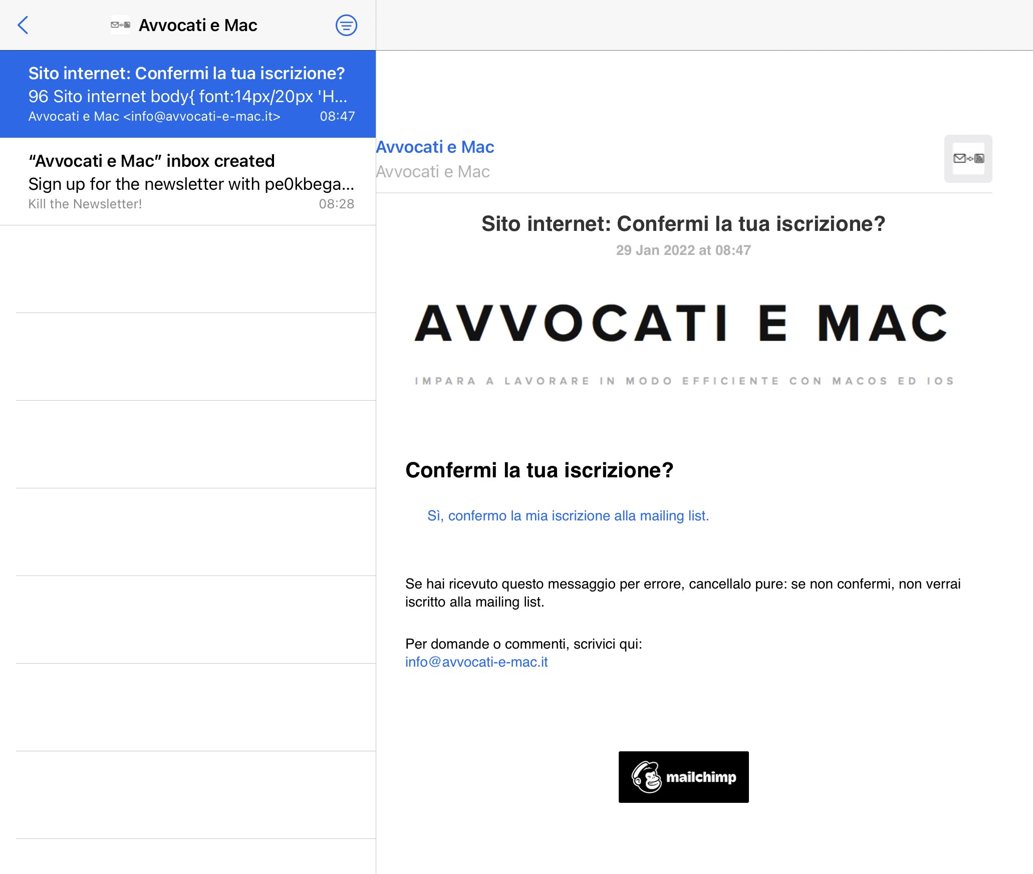 Esempio di accettazione link iscrizione
