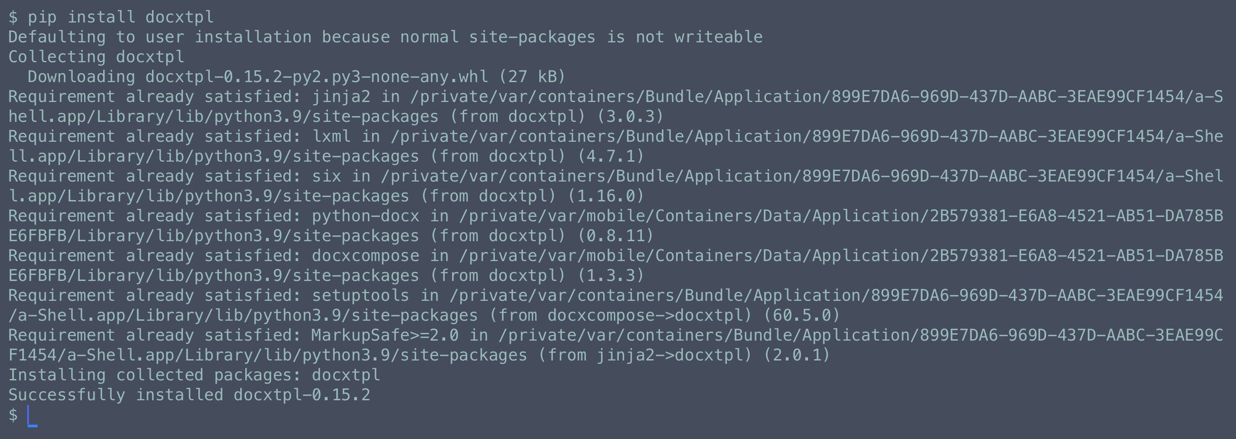 Installazione in a-Shell della libreria docxTemplate
