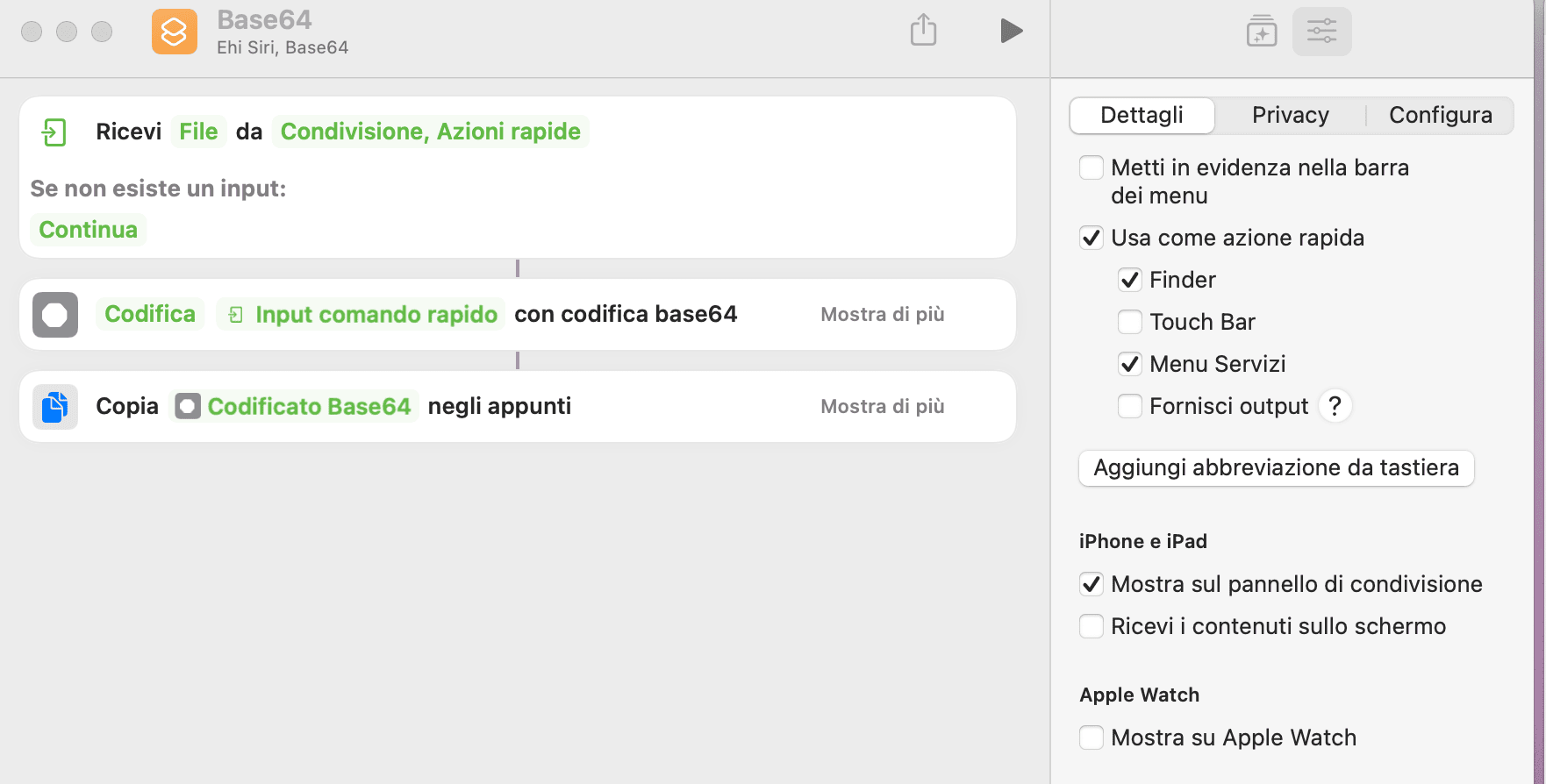 Esempio di comando rapido per la conversione in base64
