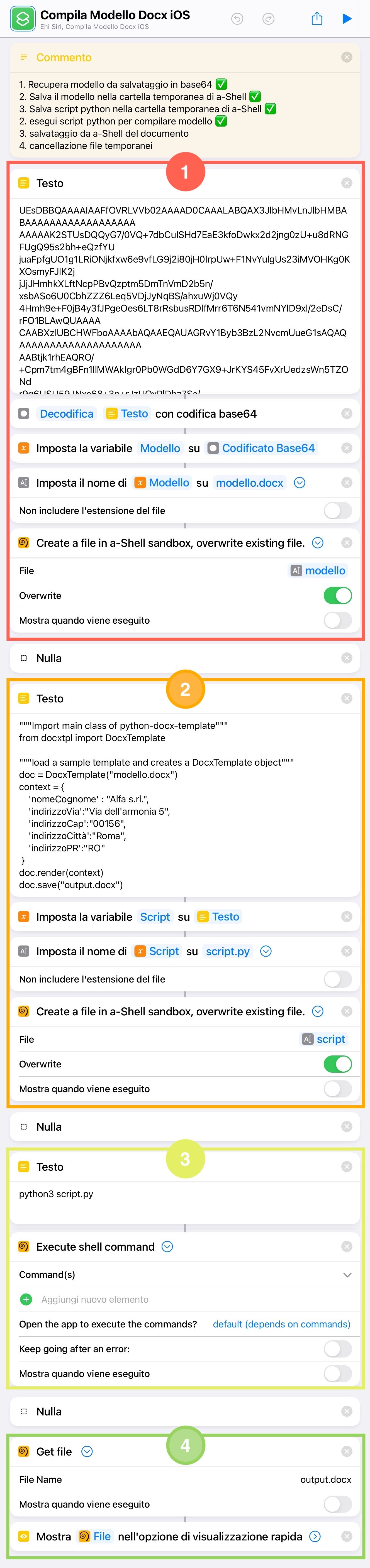 Esempio di comando rapido che utilizza a-Shell su iOS / iPadOS per creare dal modello un file DOCX
