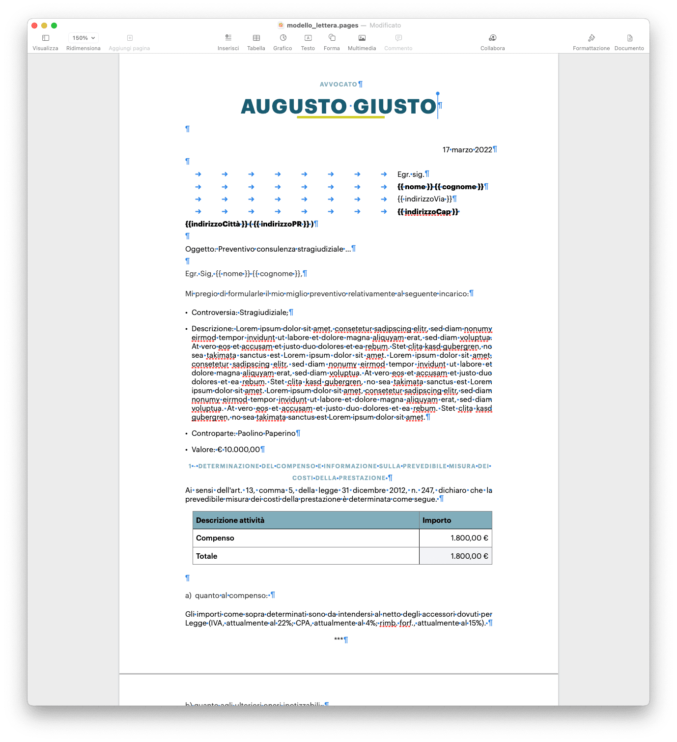 Esempio di modello .docx creato in Pages