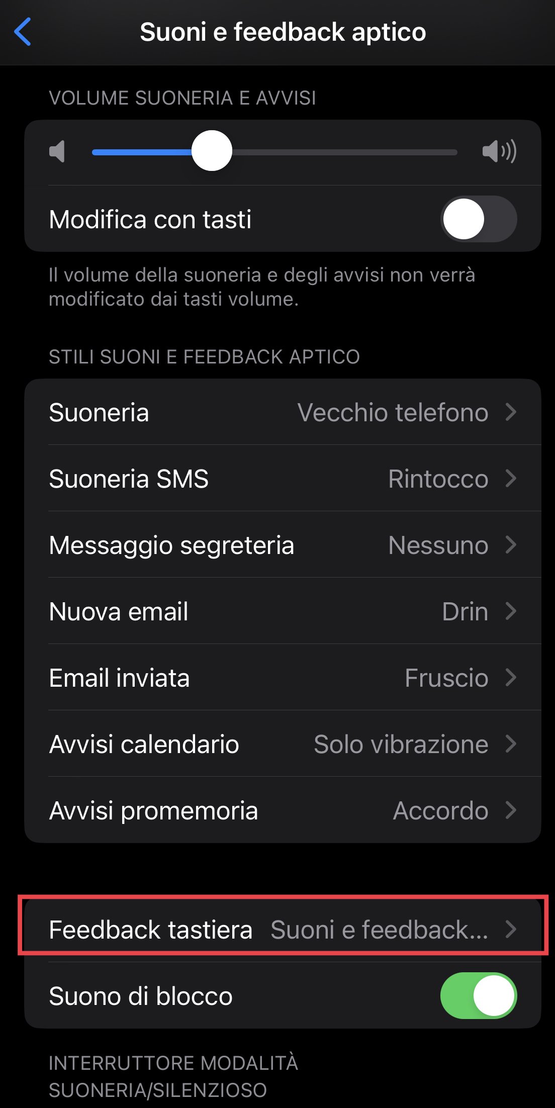 Sotto menù Suoni e feedback aptico