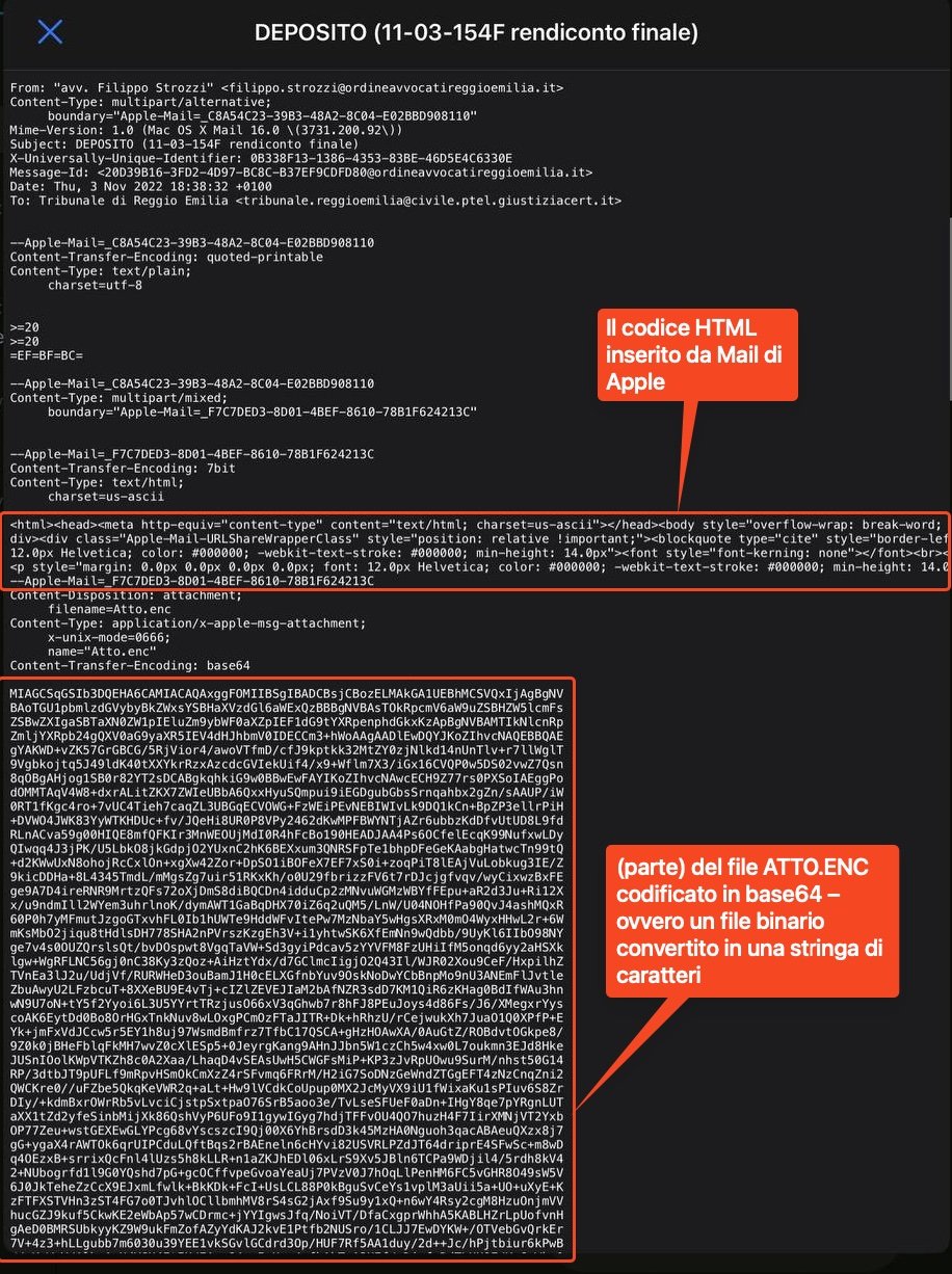 Codice sorgente del file EML del deposito creato automaticamente da SLpct e Mail di Apple in macOS Ventura
