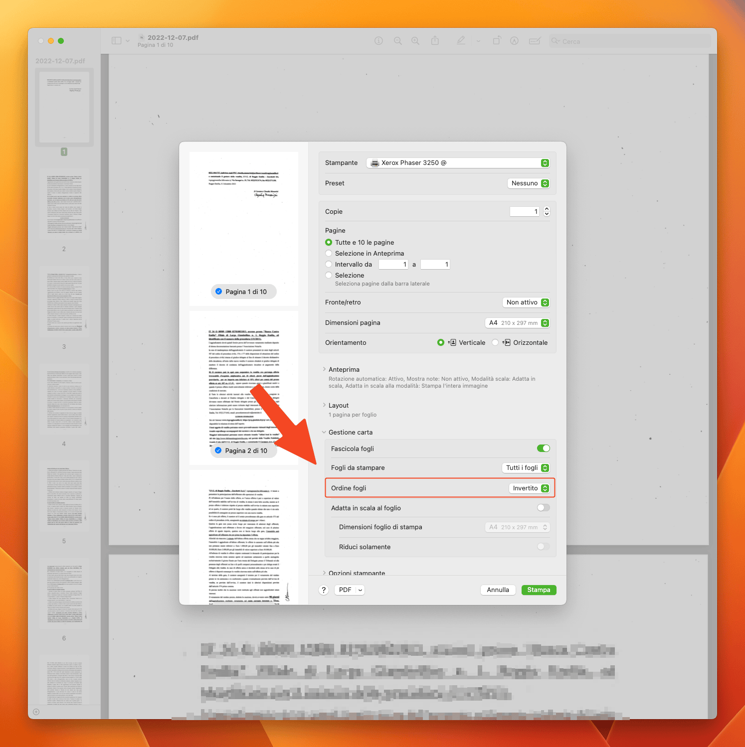 Esempio di stampa con ordine inverso all’interno delle opzioni di stampa di macOS Ventura