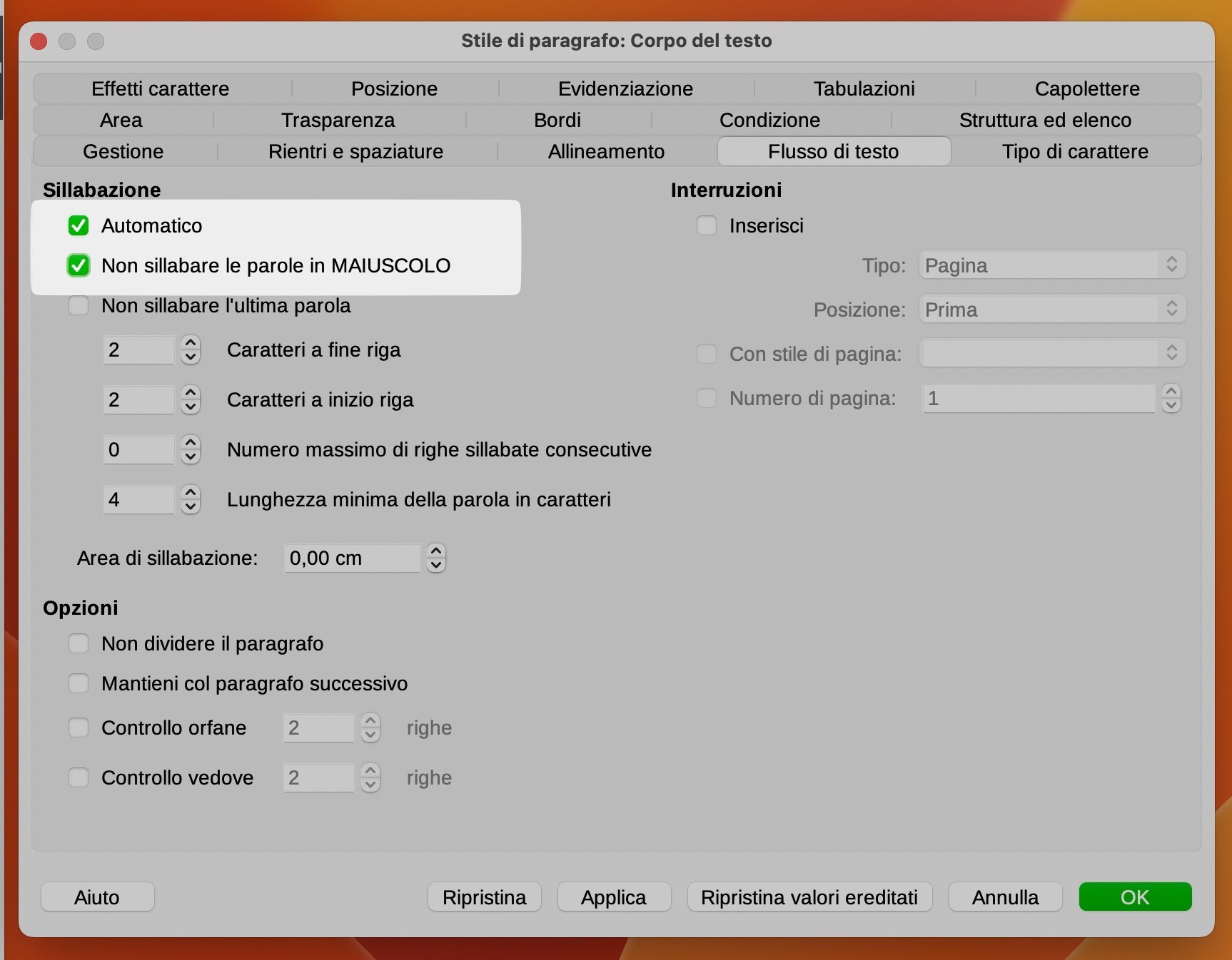 Modifica del corpo del testo: attivazione sillabazione in LibreOffice