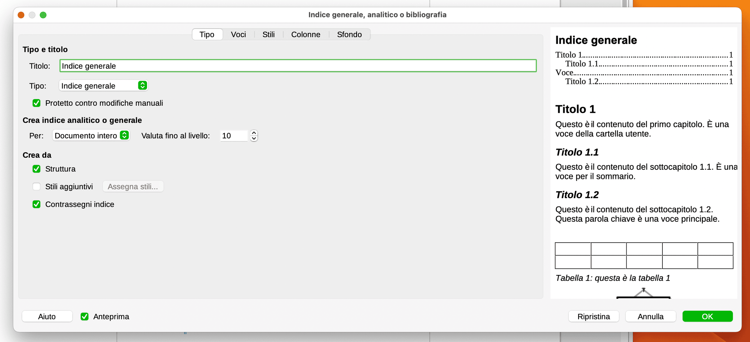 Finestra indice generale, analitico o bibliografia