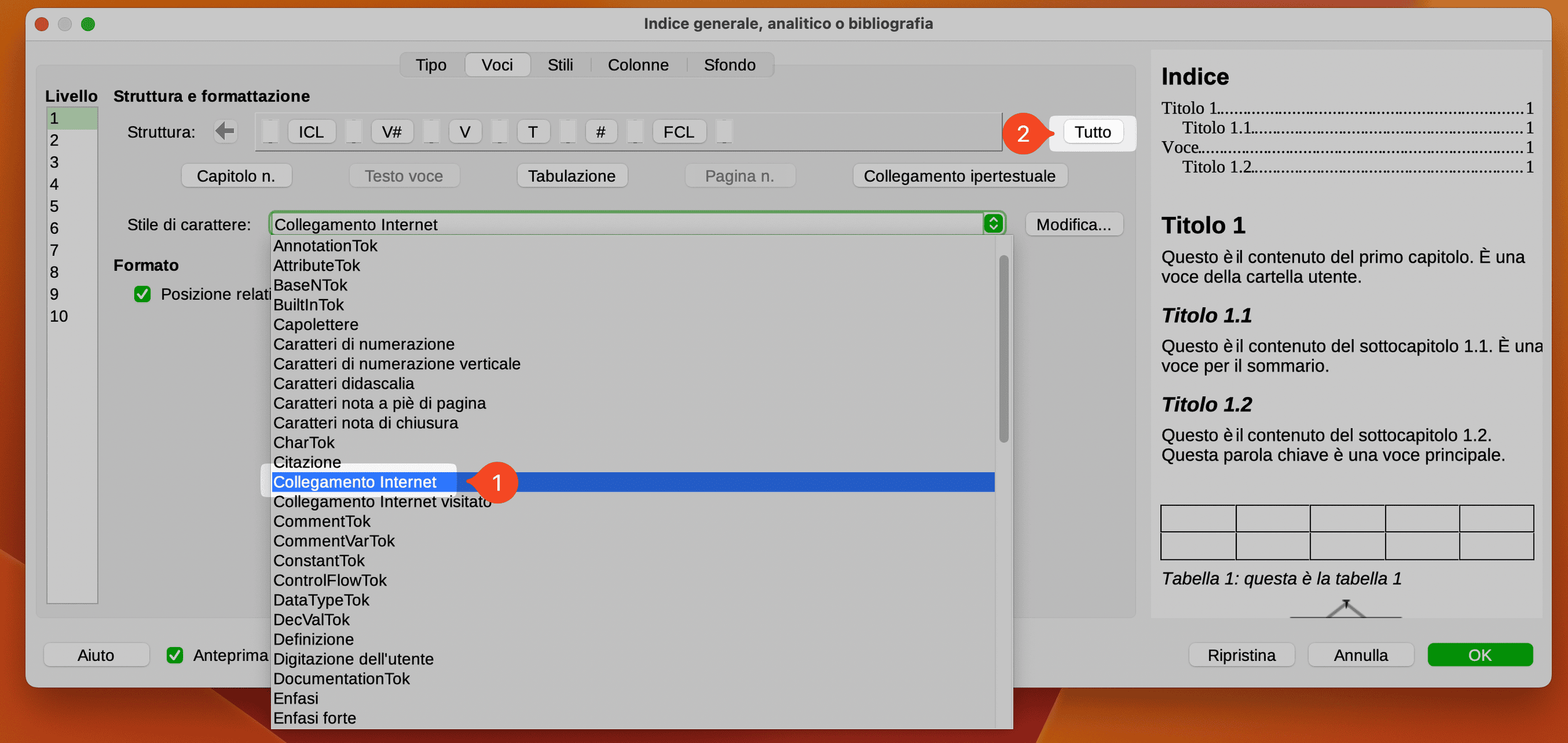 Formattazione indice con i collegamenti ipertestuali