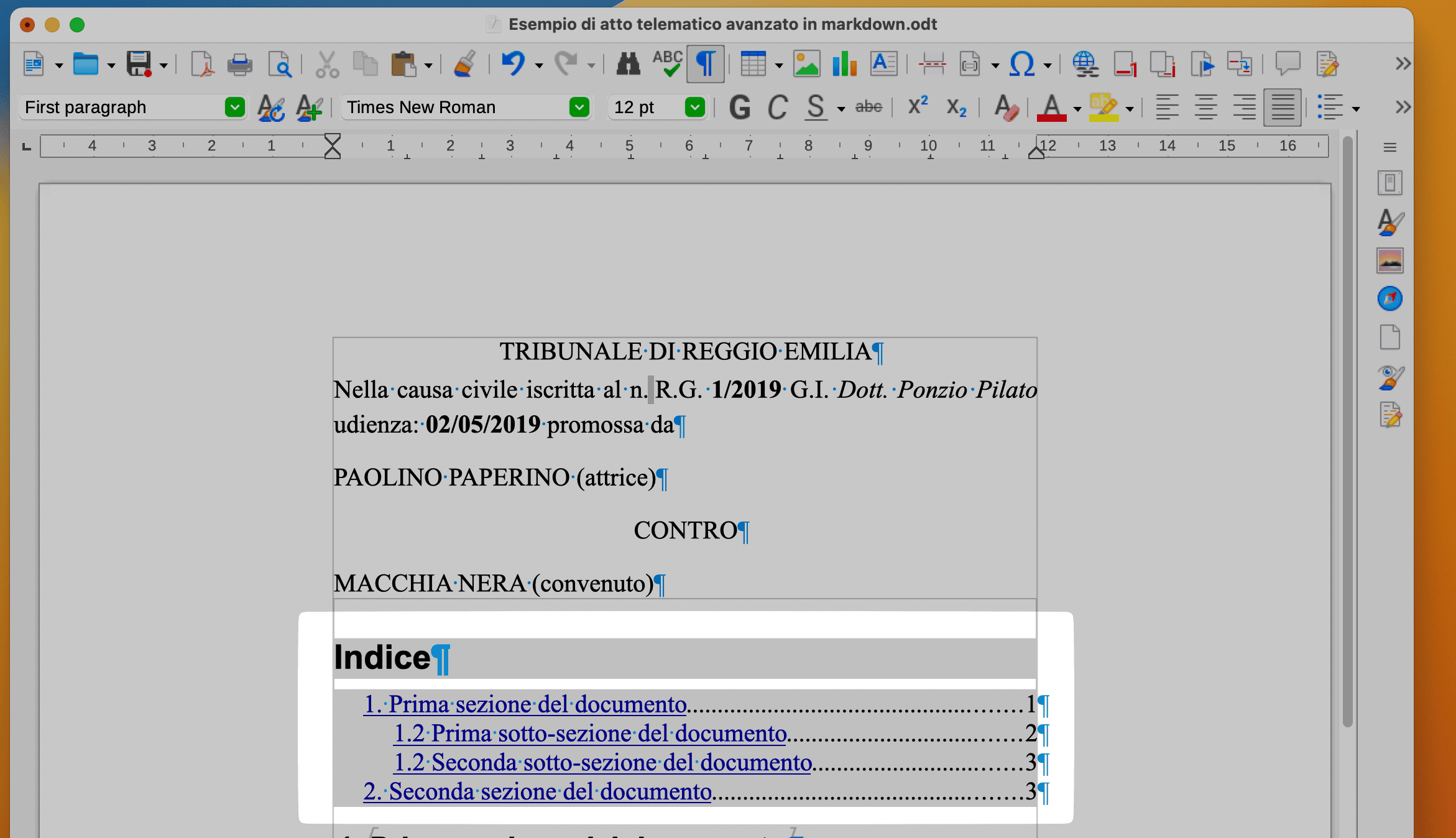 Esempio di indice con link evidenziati