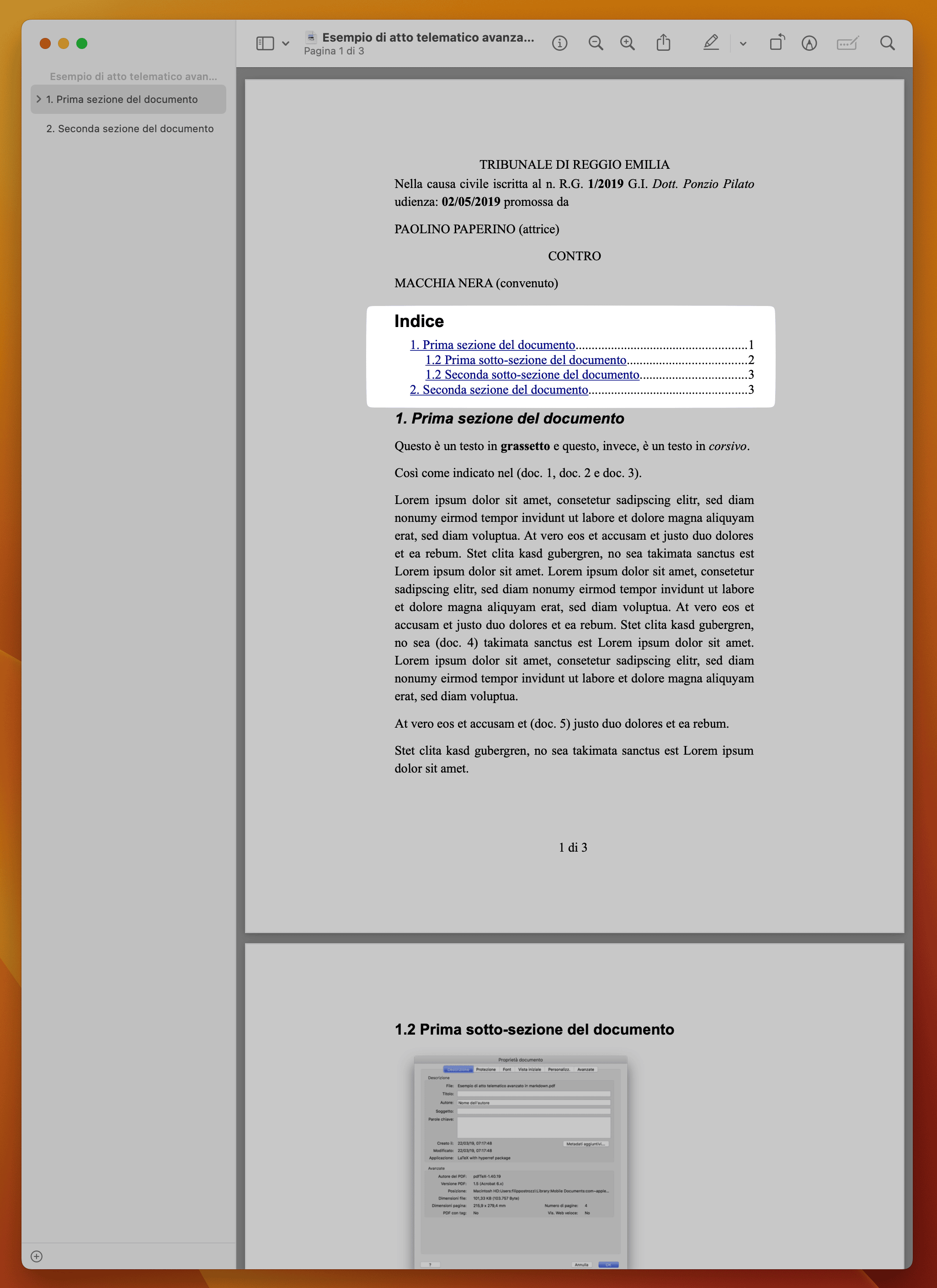 Esempio di PDF aperto in Anteprima di macOS, ma il risultato è similare con altri lettori di PDF come ad esempio Acrobat Reader