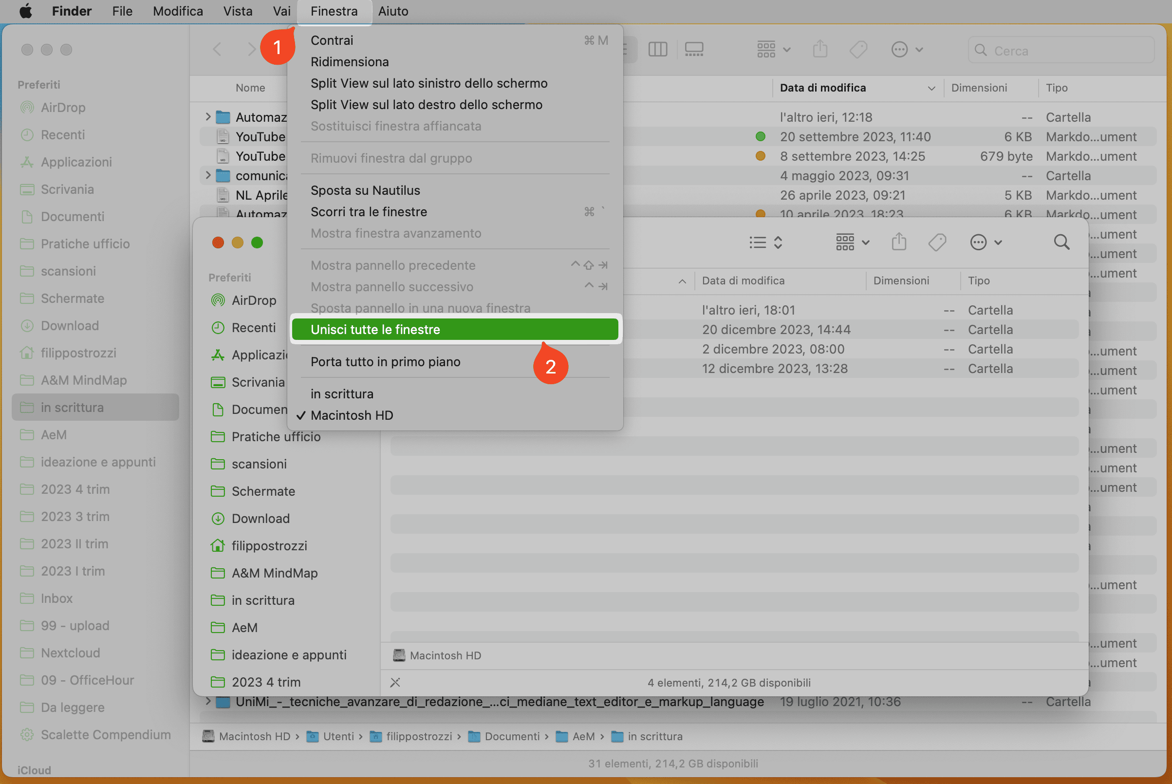 Esempio del comando Unisci finestre nel menù del Finder