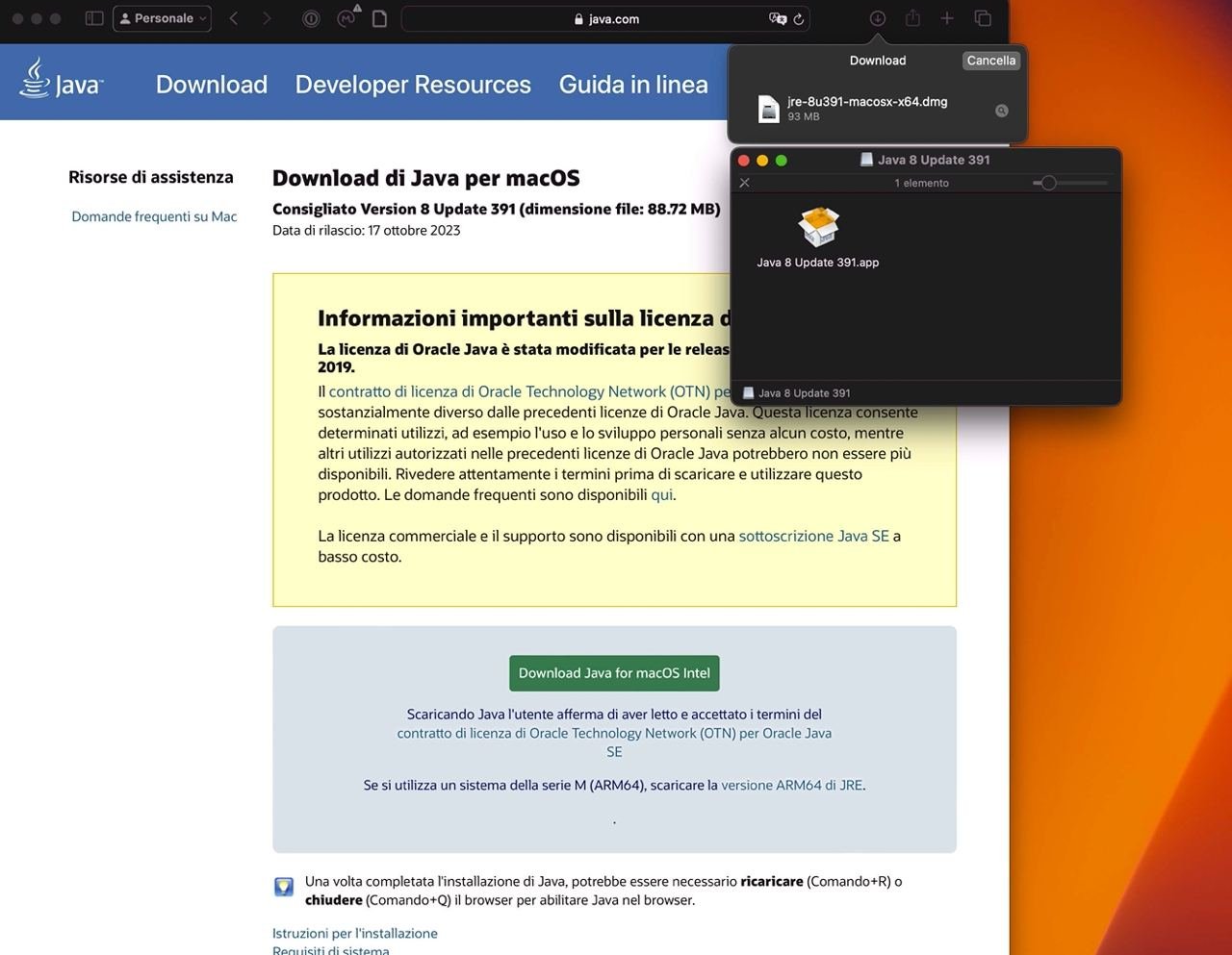 Esempio di download dell’installer di Java su Mac