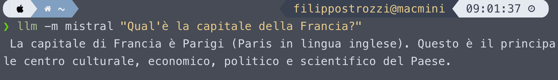 Esempio di richiesta a Mistral usando il comando llm