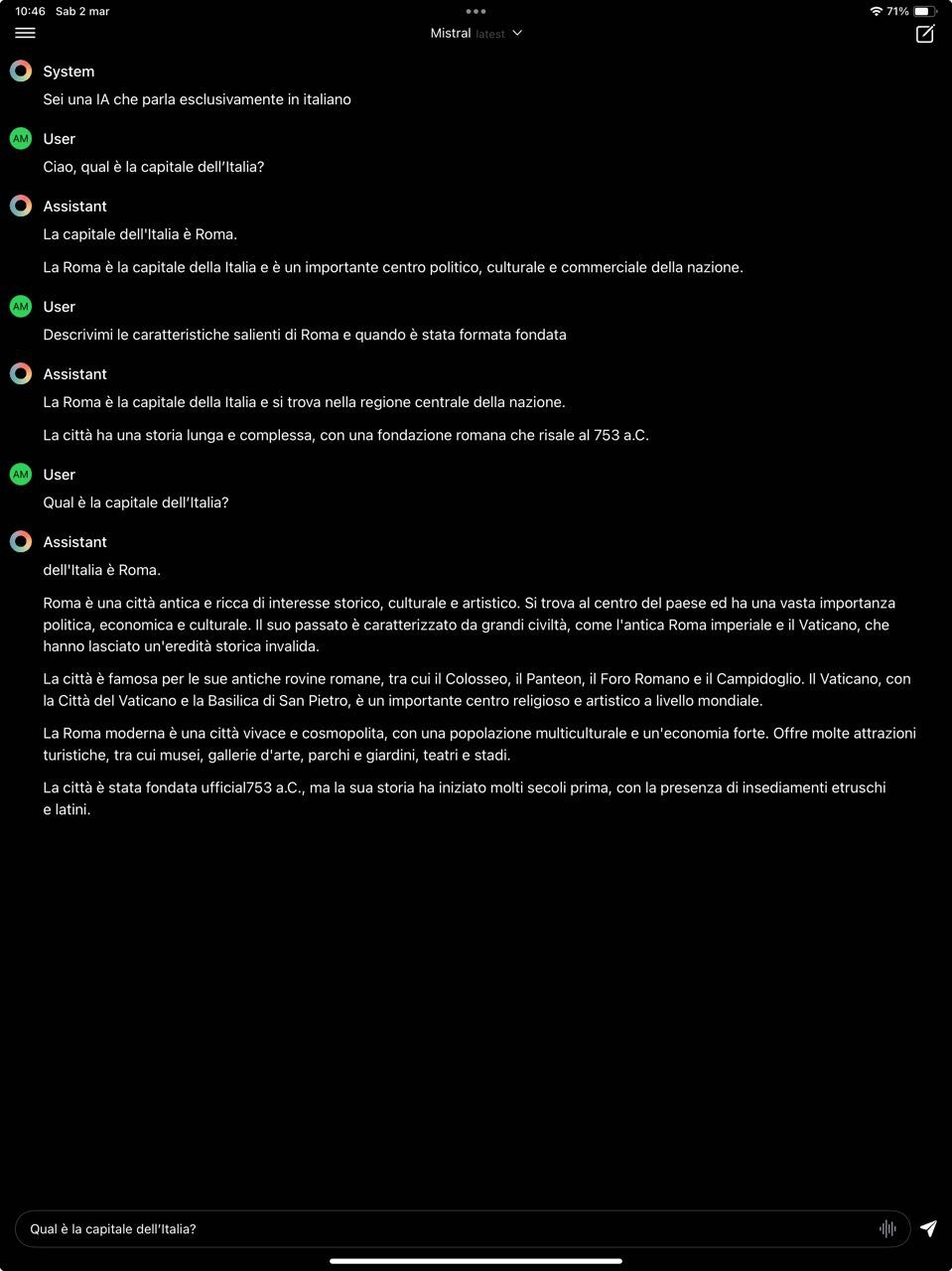 Esempio di chat su iPad con Mistral e l’app Enchanted LLM