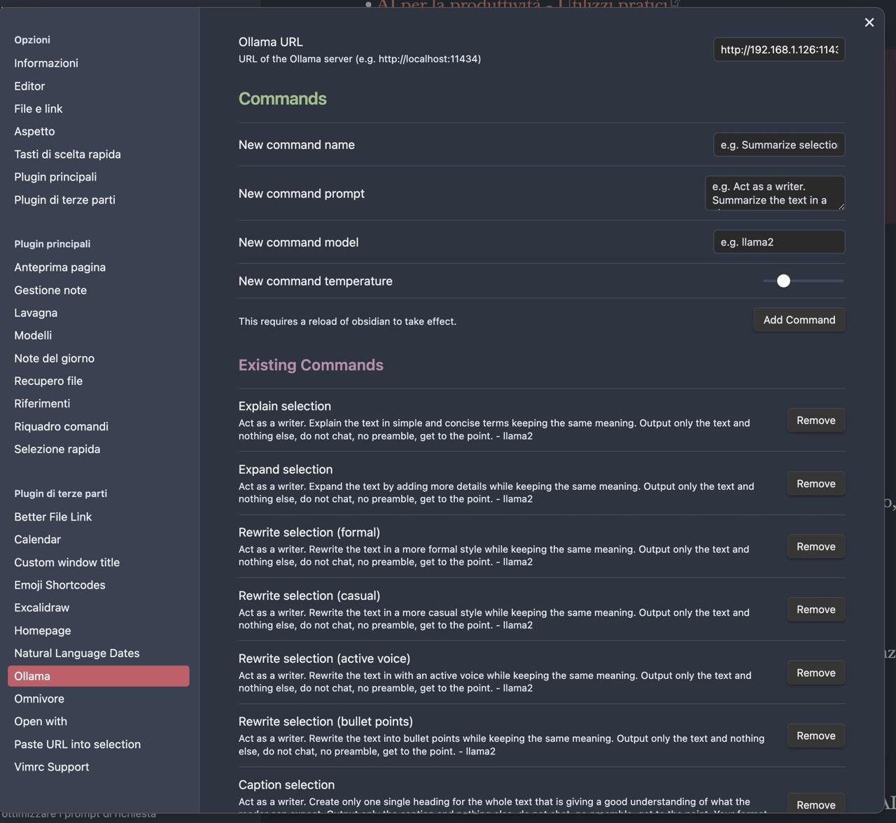 Esempio della interfaccia di configurazione e creazione dei possibili prompt di Obsidian Ollama