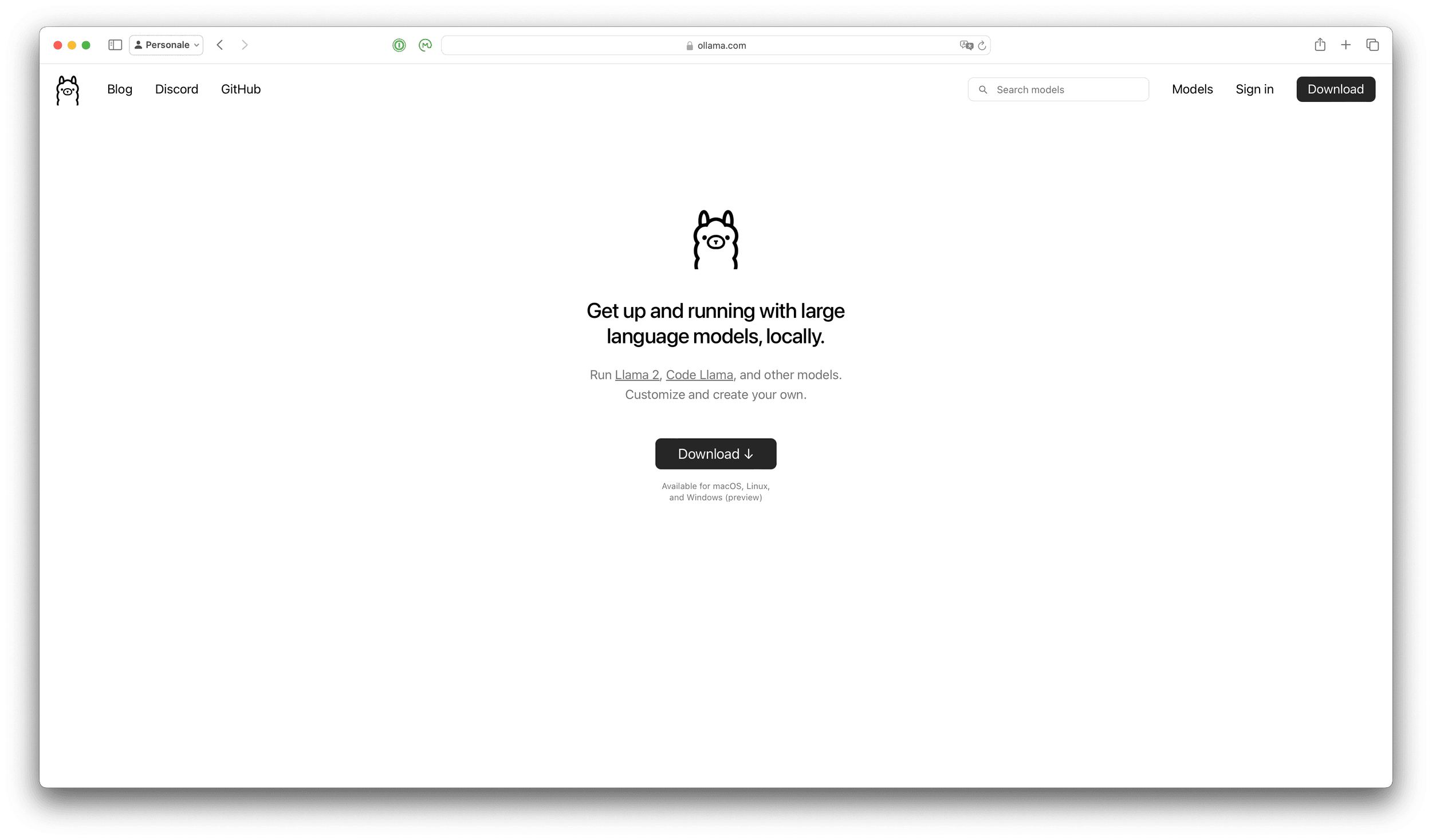 Il sito del progetto Ollama