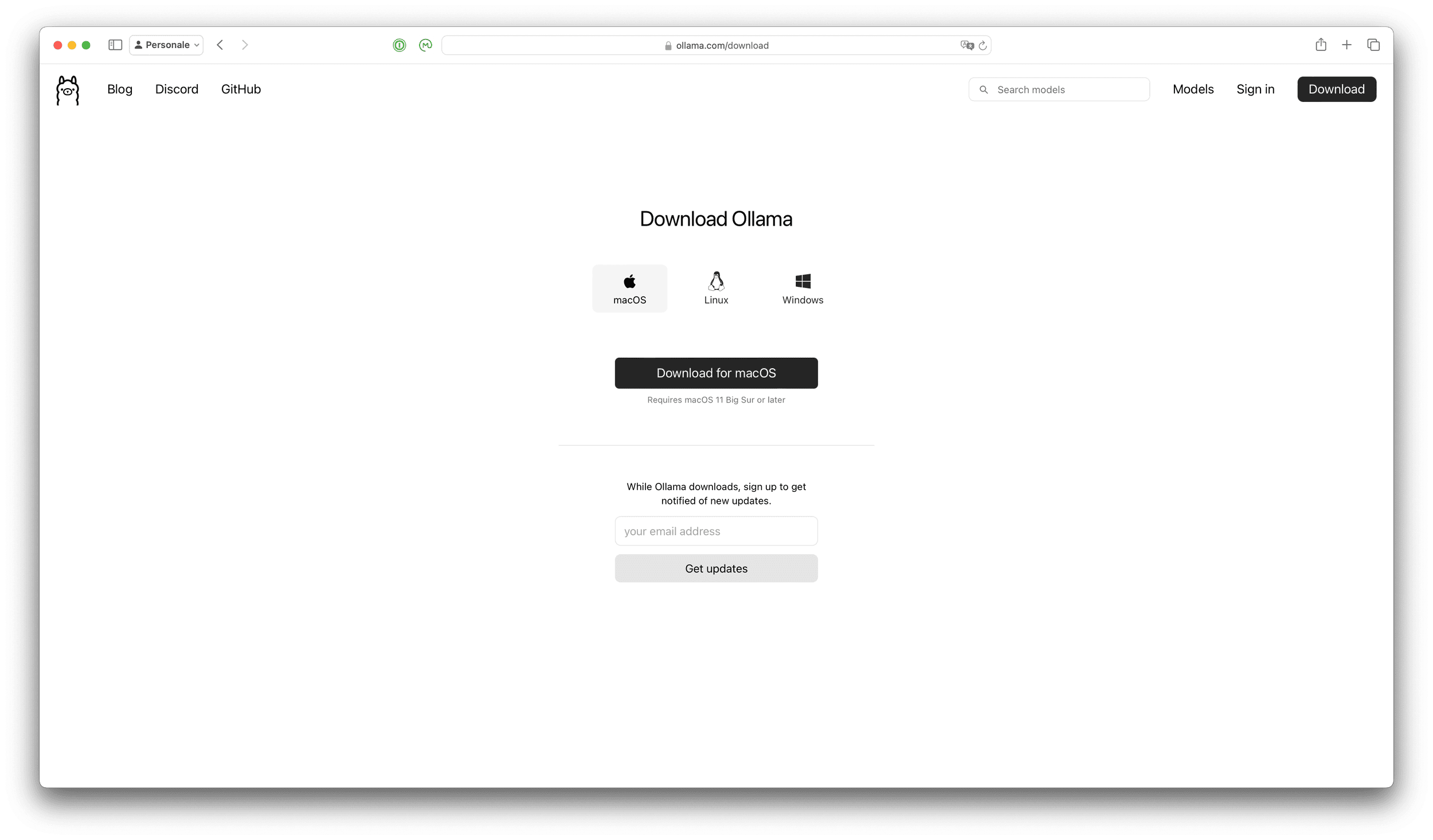 Scelta del download per macOS, Linux e Windows