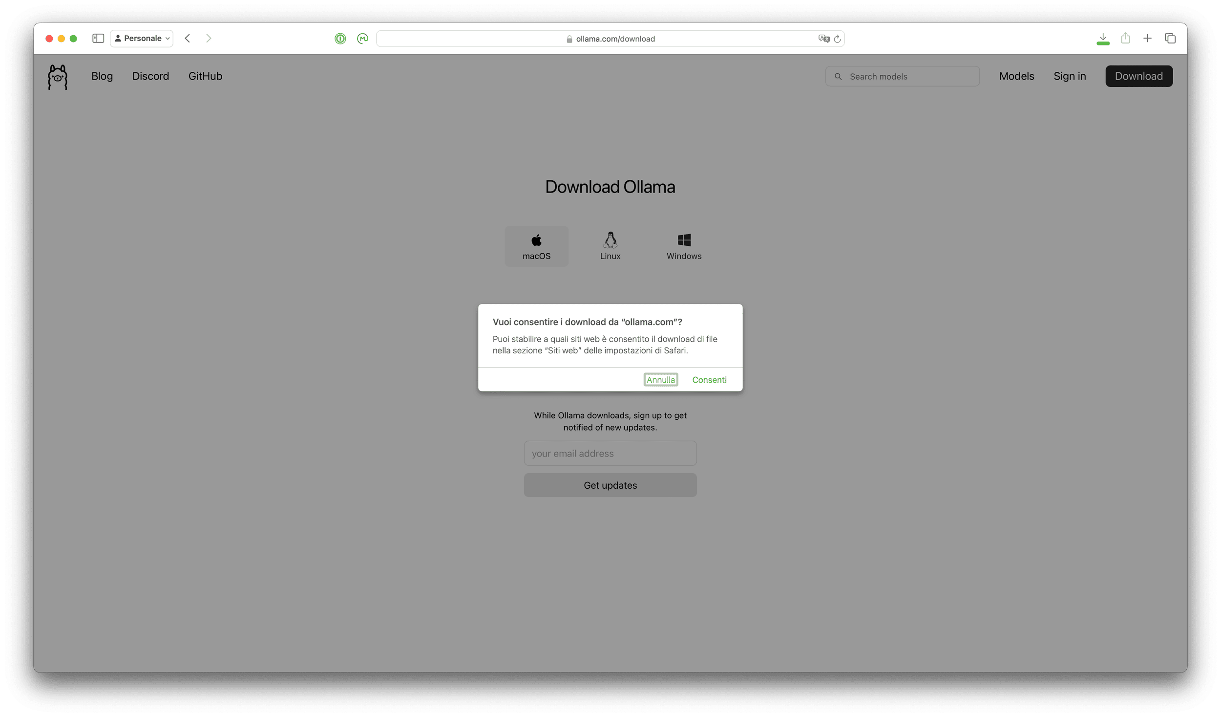 Una volta premuto il pulsante di download: la richiesta di accettare il download